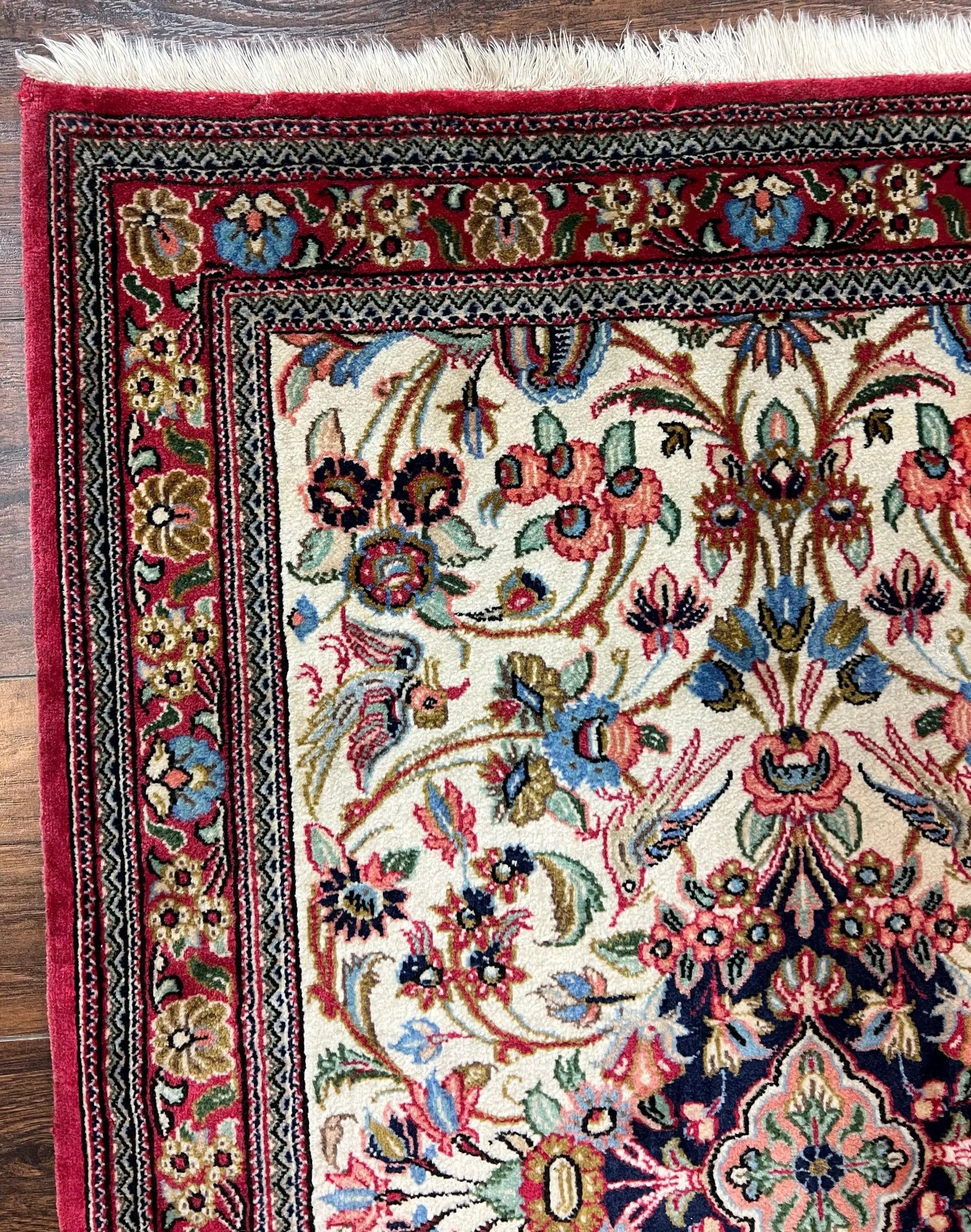 Wonderful Persian Qum Runner Rug 2.8 x 10 ft, Floral Medallions with Bird Motifs, Hand Knotted Wool Fine Oriental 10ft Hallway Runner, Cream Red by Jewel Rugs