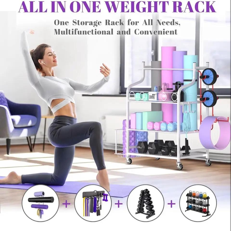Mythinglogic Yoga Mat Storage Racks, Home Gym Storage Rack for Dumbbells Kettlebells Foam Roller, Yoga Strap and Resistance Bands, Workout Equipment Storage Organizer With Hooks and Wheels by Selzalot