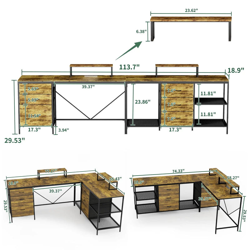 Industrial L Shaped Desk With Power Hub With 6 Drawers And Adjustable Monitor Stands - Brown by Unique Piece Furniture