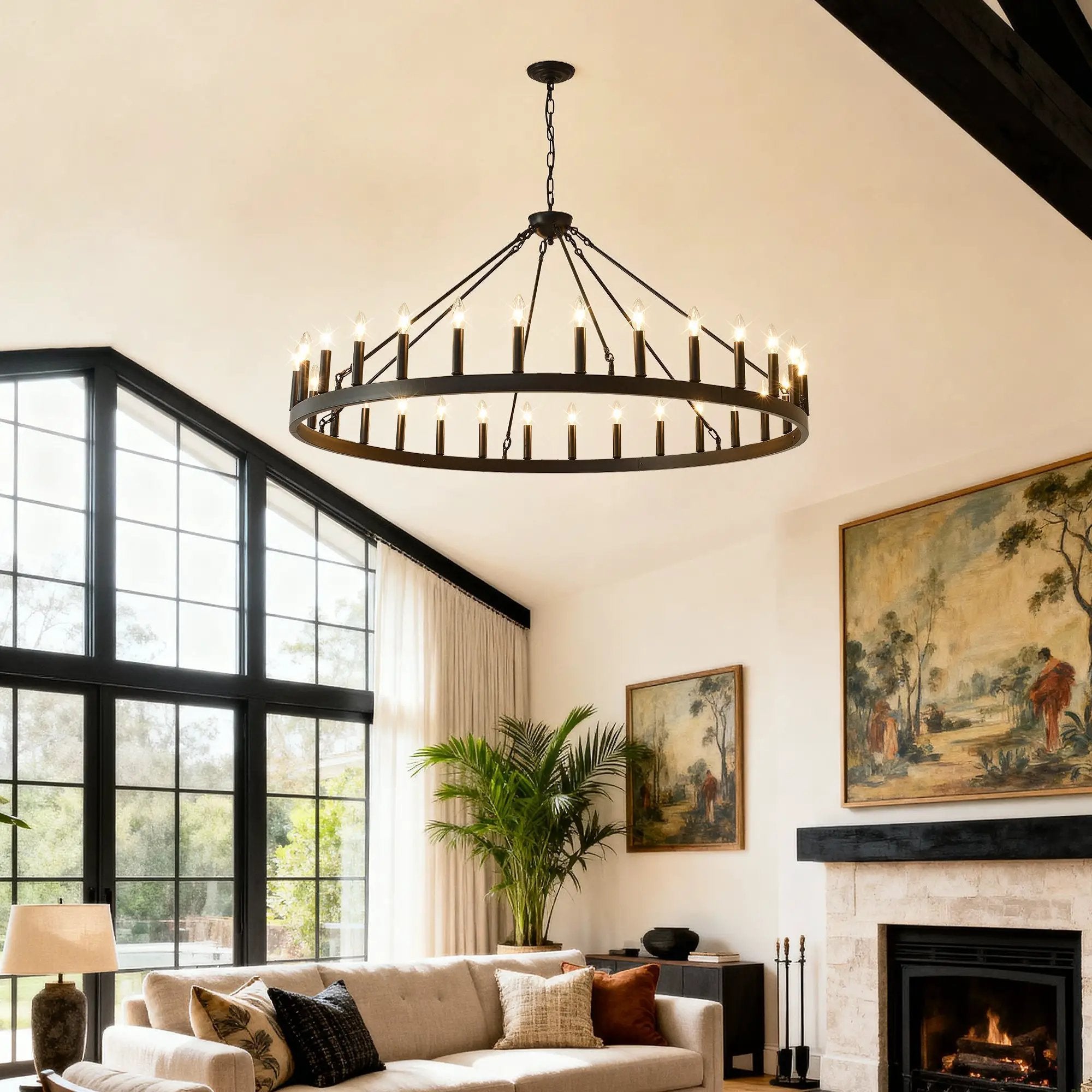 53.15 Inch Matte Black Wagon Wheel Chandelier with 30 Lights by HouseOfZazla
