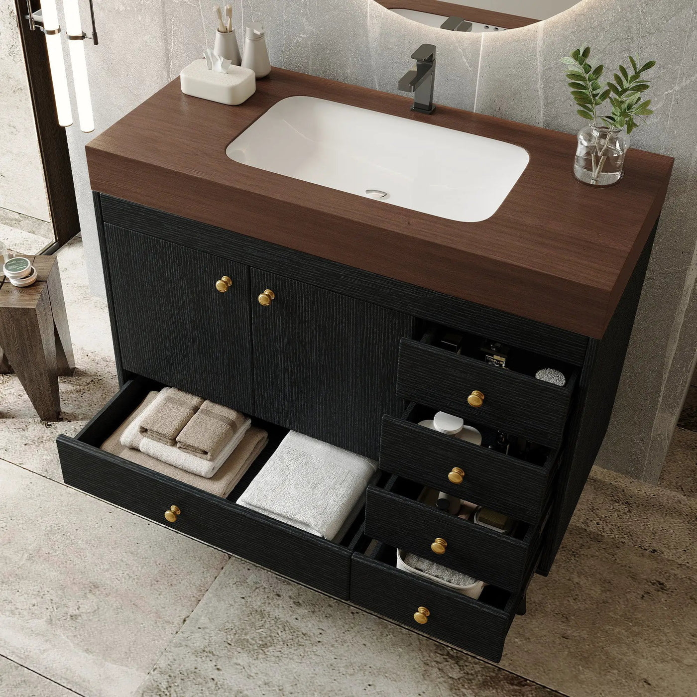 36" Freestanding Bathroom Vanity with Faux Marble Top, Ceramic Sink, 5 Drawers & Stainless Steel Legs by HouseOfZazla