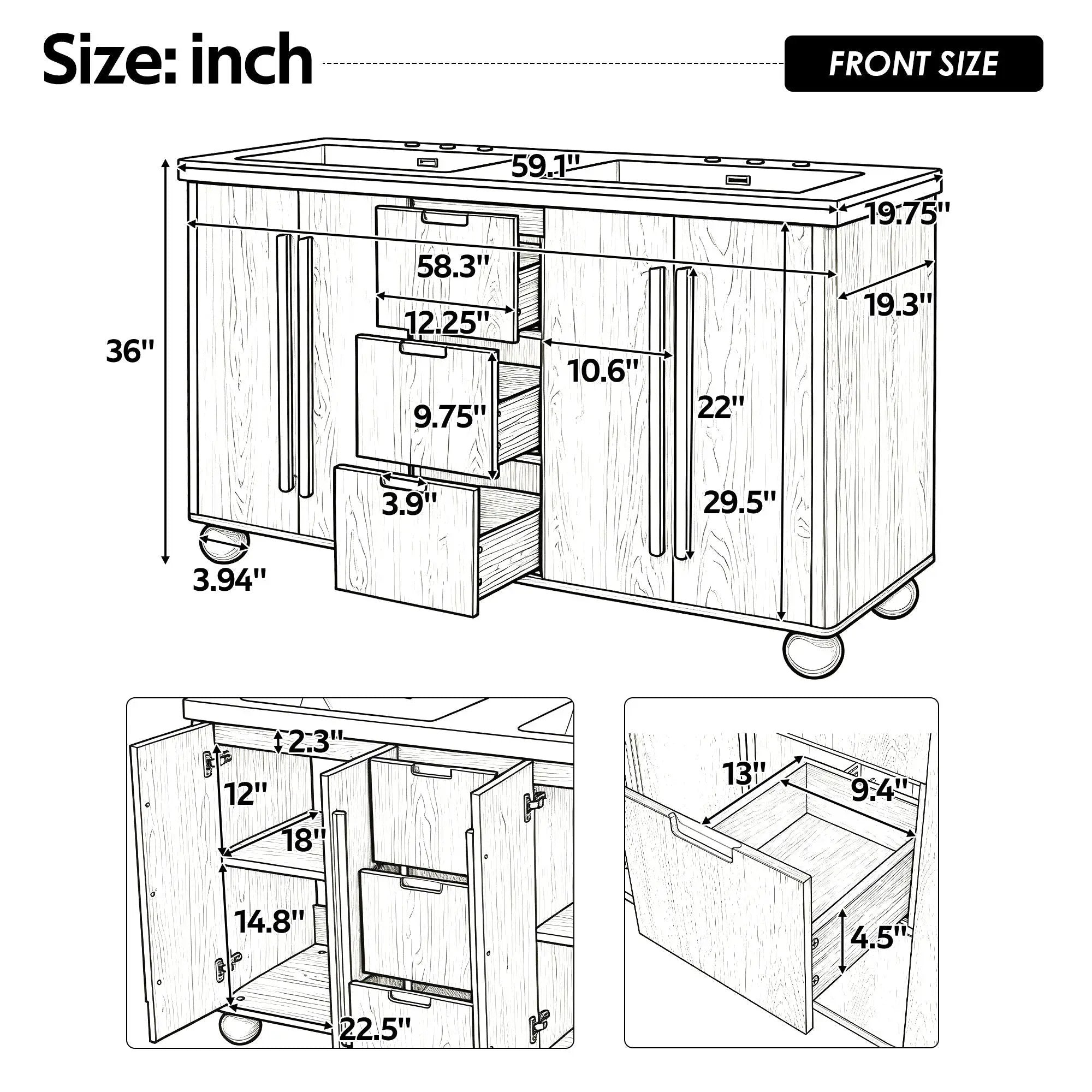 Double Sink Bathroom Vanity With Sinks, Soft Close Doors & 3 Drawers - Wood by HouseOfZazla