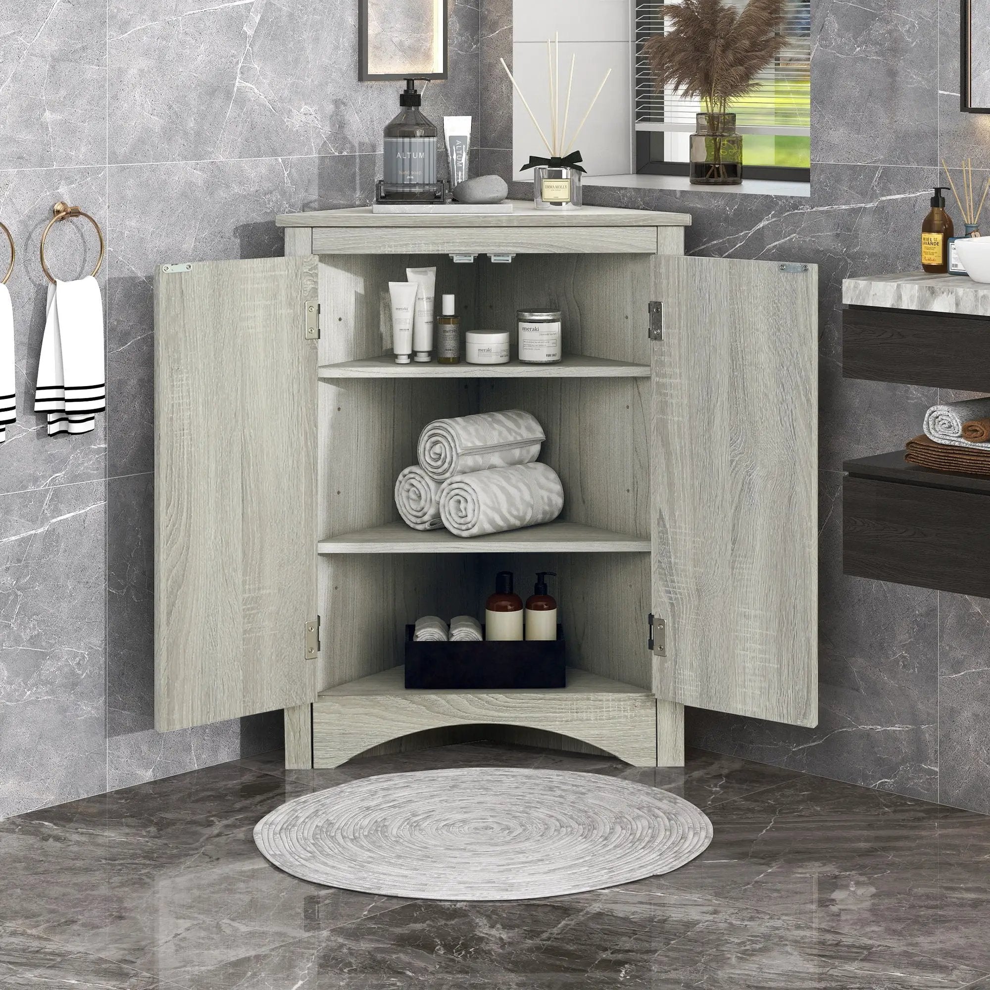 Triangle Bathroom Storage Cabinet With Adjustable Shelves, Freestanding Floor Cabinet For Home Kitchen by Unique Piece Furniture