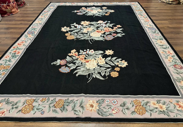 Black Needlepoint Rug 8x11 with Multicolor Flowers, Vintage Carpet