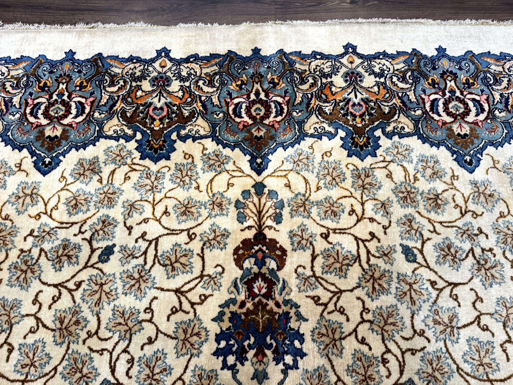 Persian Kashan Rug 9 x 12.6, Ivory and Blue, Floral Medallion, Wool Hand Knotted Semi Antique Carpet by Jewel Rugs