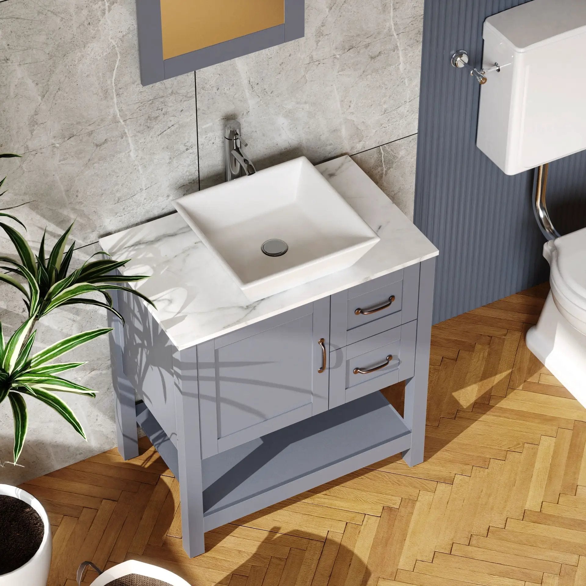 30" Gray Bathroom Vanity And Sink Combo Marble Pattern Top With Mirror Faucet & Drain - Gray by Unique Piece Furniture