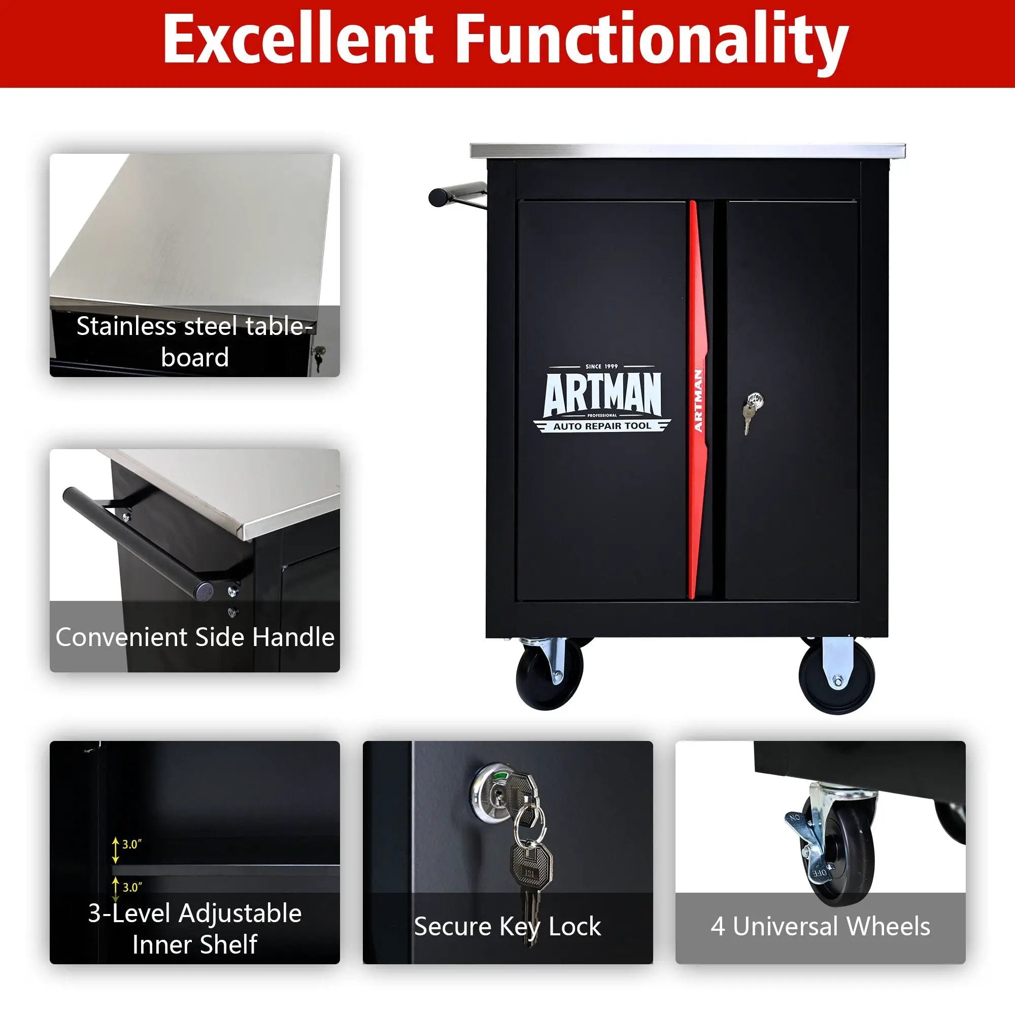 Double Door Clapboard Multi-Function Tool Cart - Black / Red by HouseOfZazla