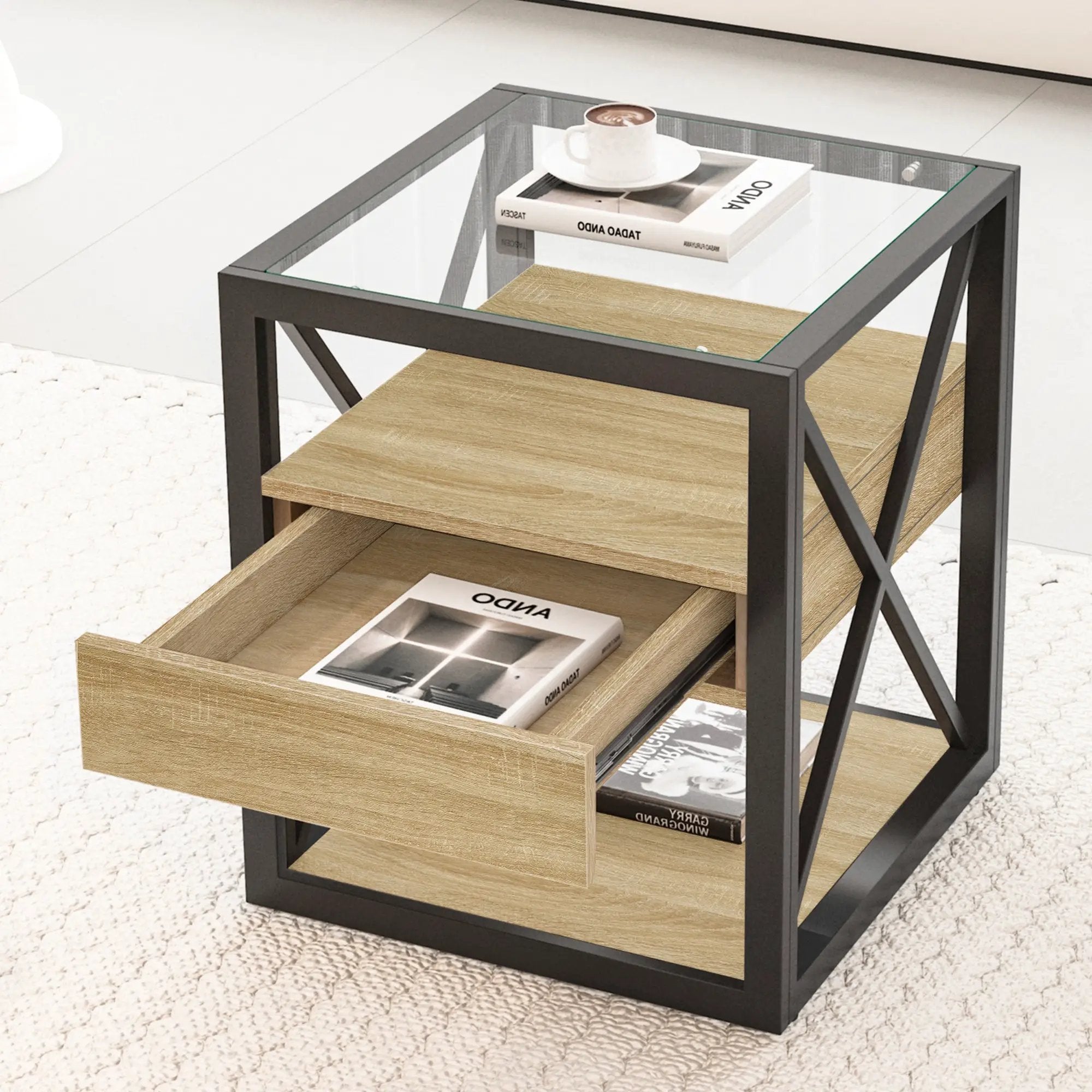 1 Piece Modern End Table with Drawer - Natural Wood & Tempered Glass by HouseOfZazla