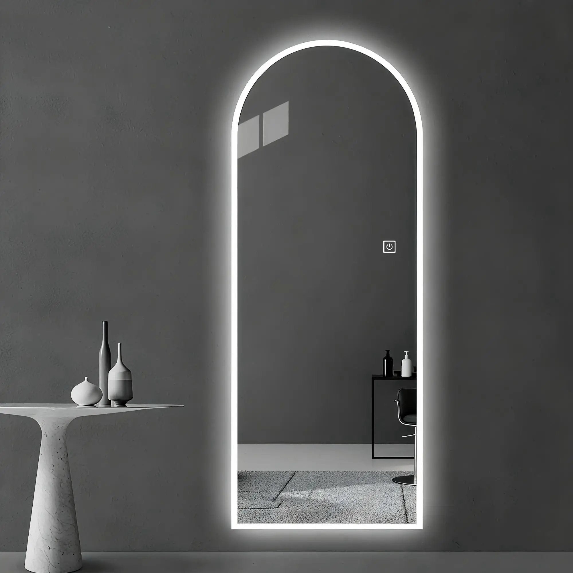 LED Full Length Wall Mirror With Symmetrical Arch Design, Dimmable 3 Color Temperature Lighting - Silver by HouseOfZazla