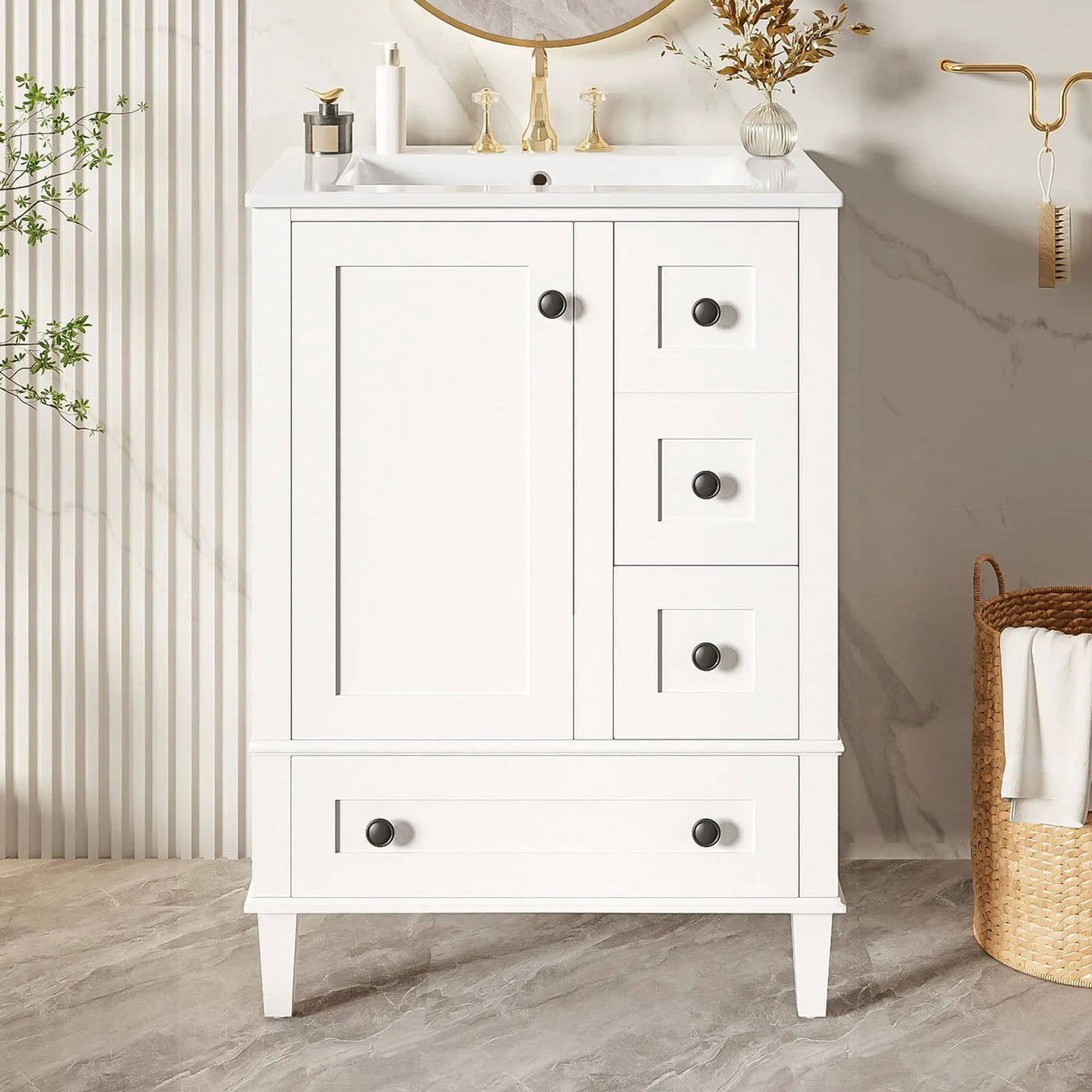Bathroom Vanity With Integrated Basin, Soft Close Drawers, Door Mounted Double Layer Shelf by HouseOfZazla