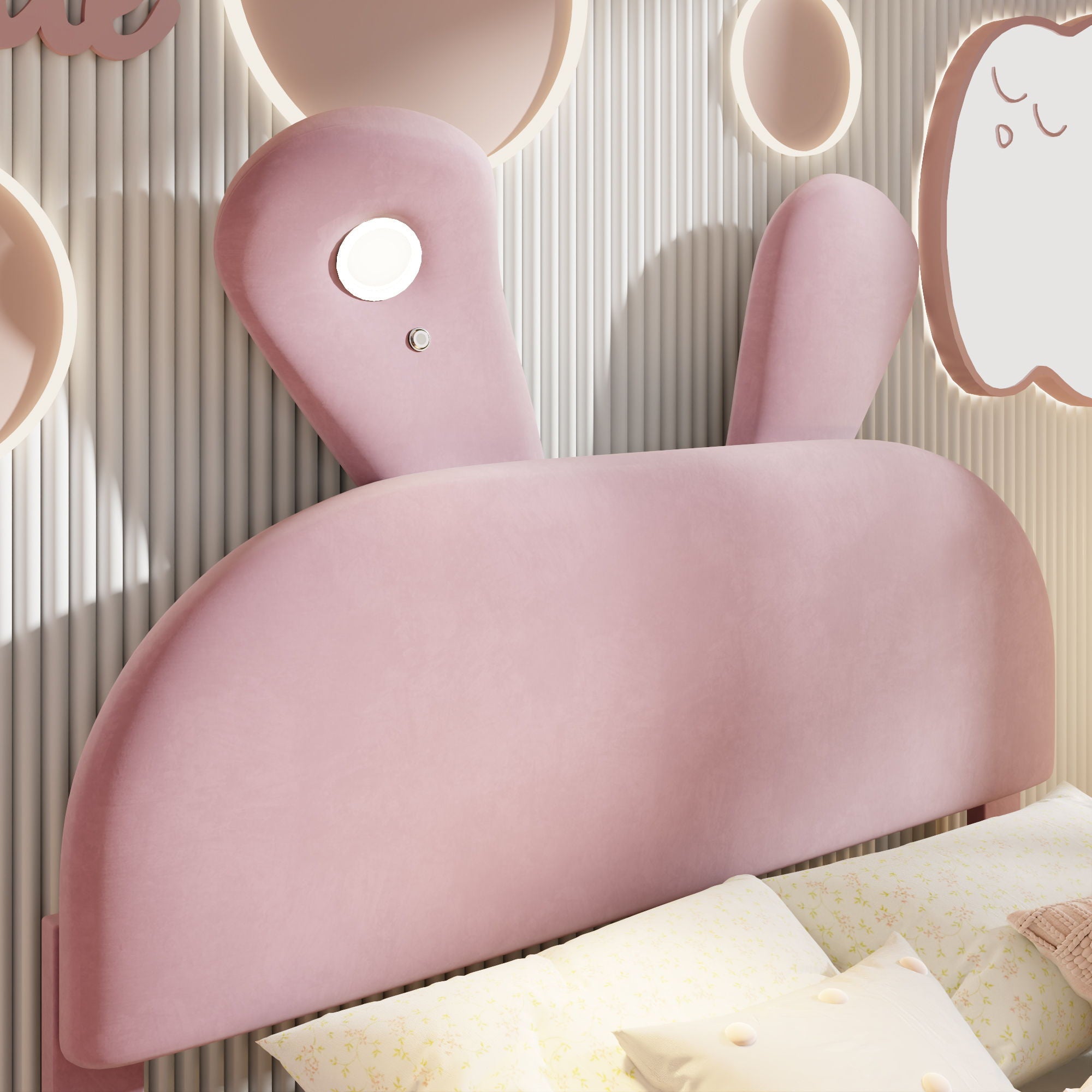 Full Upholstered Platform Bed With Cartoon Ears Headboard And LED Light - Pink by HouseOfZazla