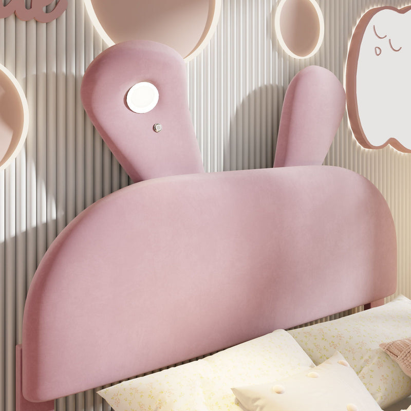 Full Upholstered Platform Bed With Cartoon Ears Headboard And LED Light - Pink by HouseOfZazla