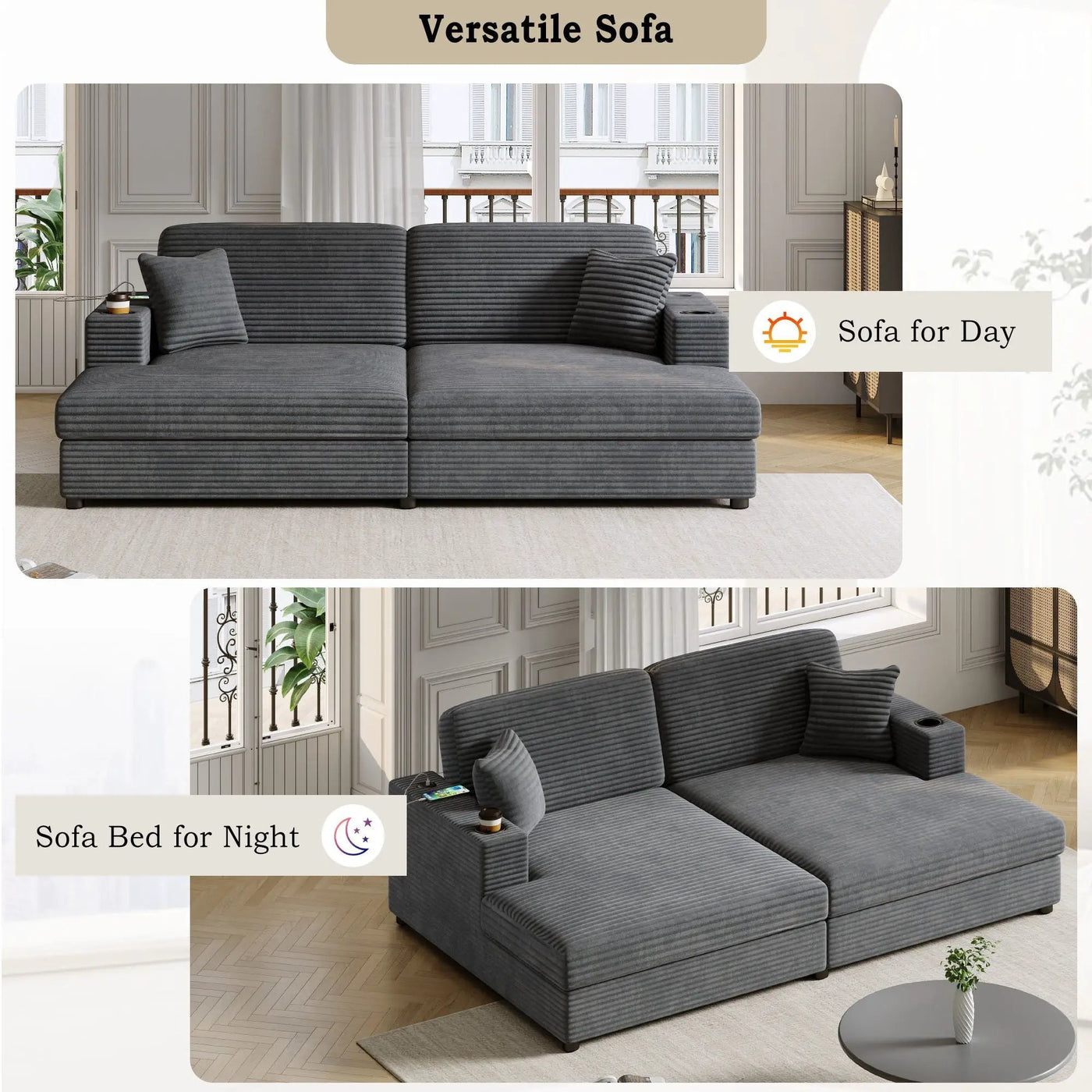 Oversized Loveseat Chaise With 2 USB Ports, 2 Cup Holders And 2 Throw Pillows by Unique Piece Furniture