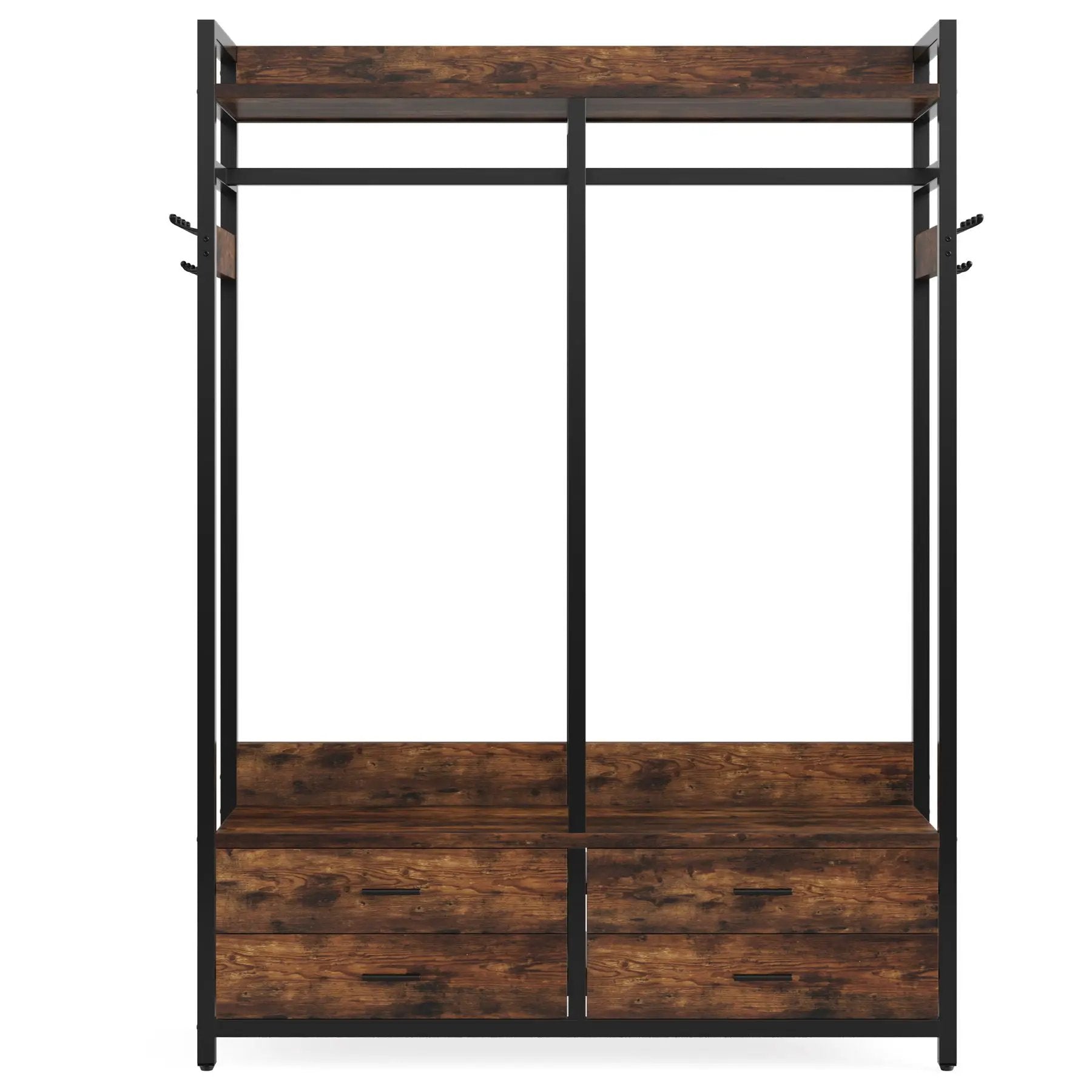 Freestanding Closet Organizer With 4 Drawers, 8 Hooks, Shelves, And Hanging Rod - Brown / Black by HouseOfZazla
