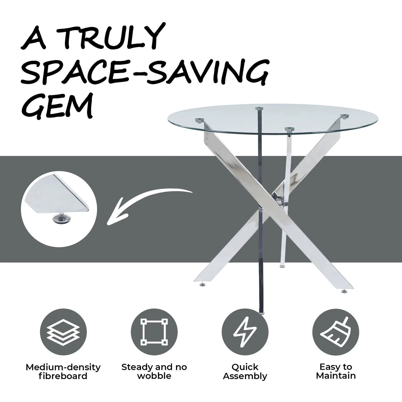 Dining Table With Cross Metal Leg And Tempered Glass, Modern Space Saving Kitchen Table For Living Room by Unique Piece Furniture