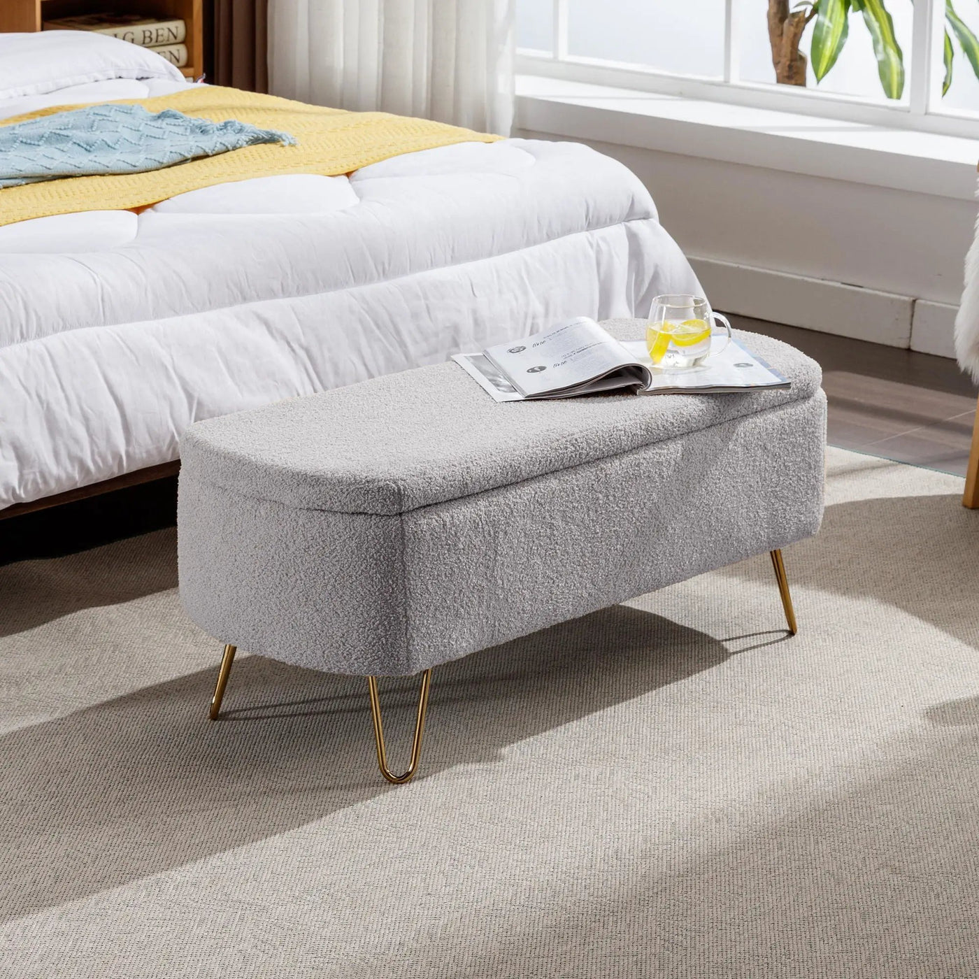 Storage Ottoman Bench For End Of Bed Legs, Modern Camel Faux Fur Entryway Bench Upholstered Padded With Storage For Living Room Bedroom by HouseOfZazla