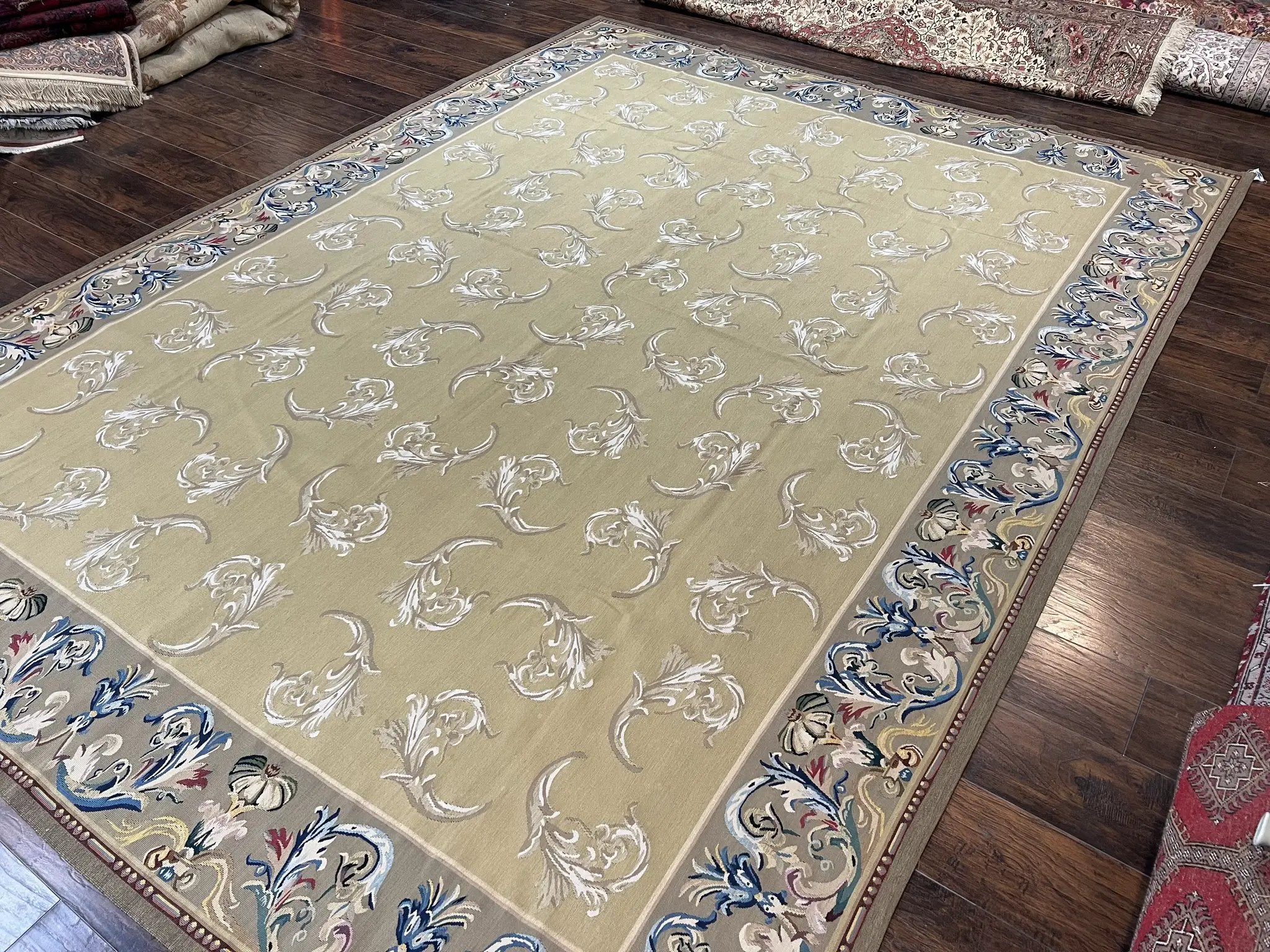 Vintage Aubusson Flatweave Area Rug 9x12, Aubusson Weave, Wool, Beige, Handmade, French European Design, 8'9" x 11'9" by Jewel Rugs