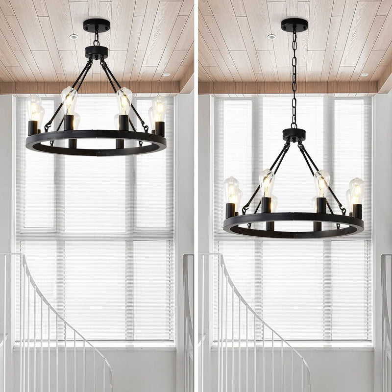 6 Light (No Bulbs) Wagon Wheel Chandelier Farmhouse Modern Small Round Chandelier For Living Room Kitchen Island Foyer Hallway Entryway Bedroom Dining Room Light Fixture Ceiling Hanging - Matte Black by HouseOfZazla