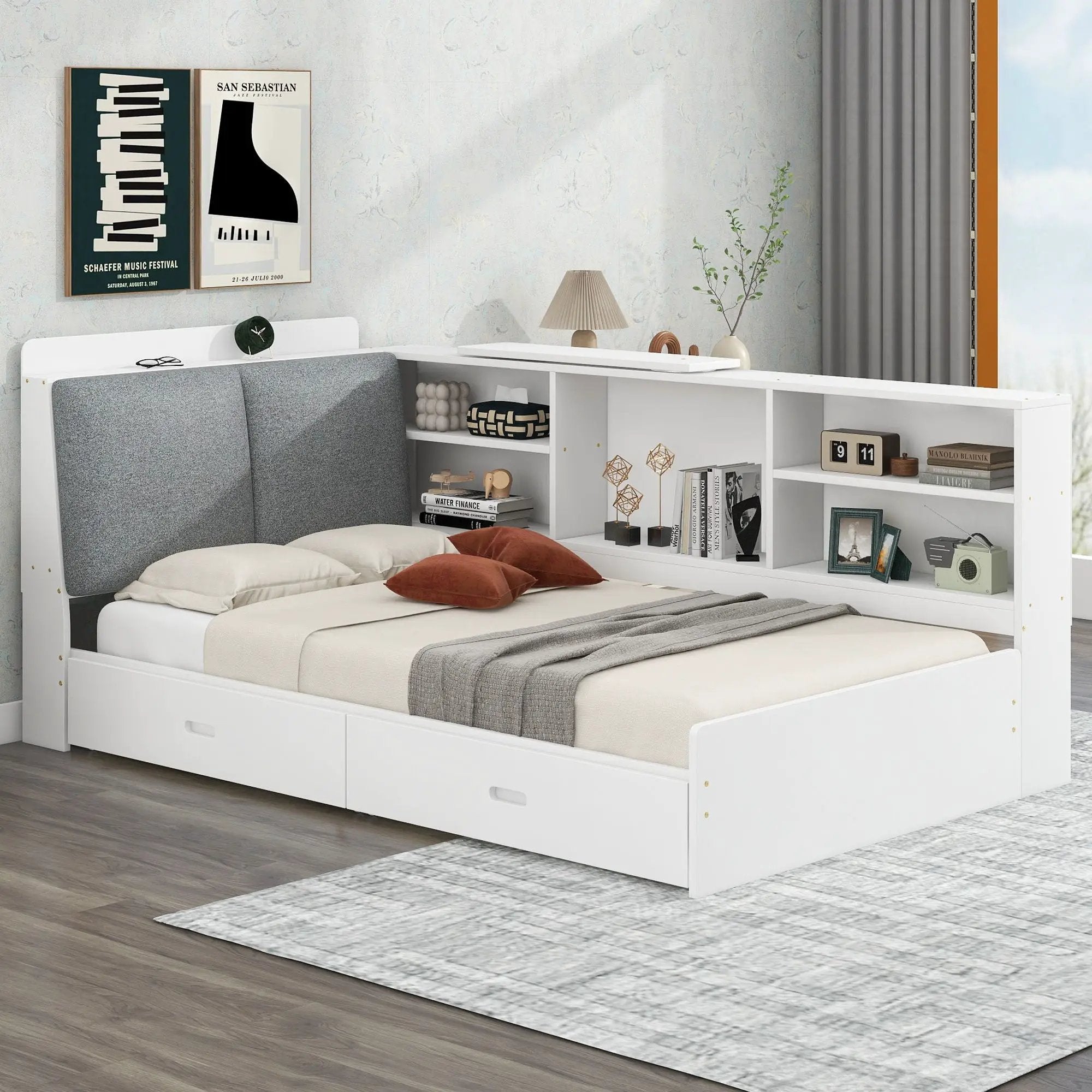 Platform Bed With Storage Headboard, Shelves And 2 Drawers by Unique Piece Furniture