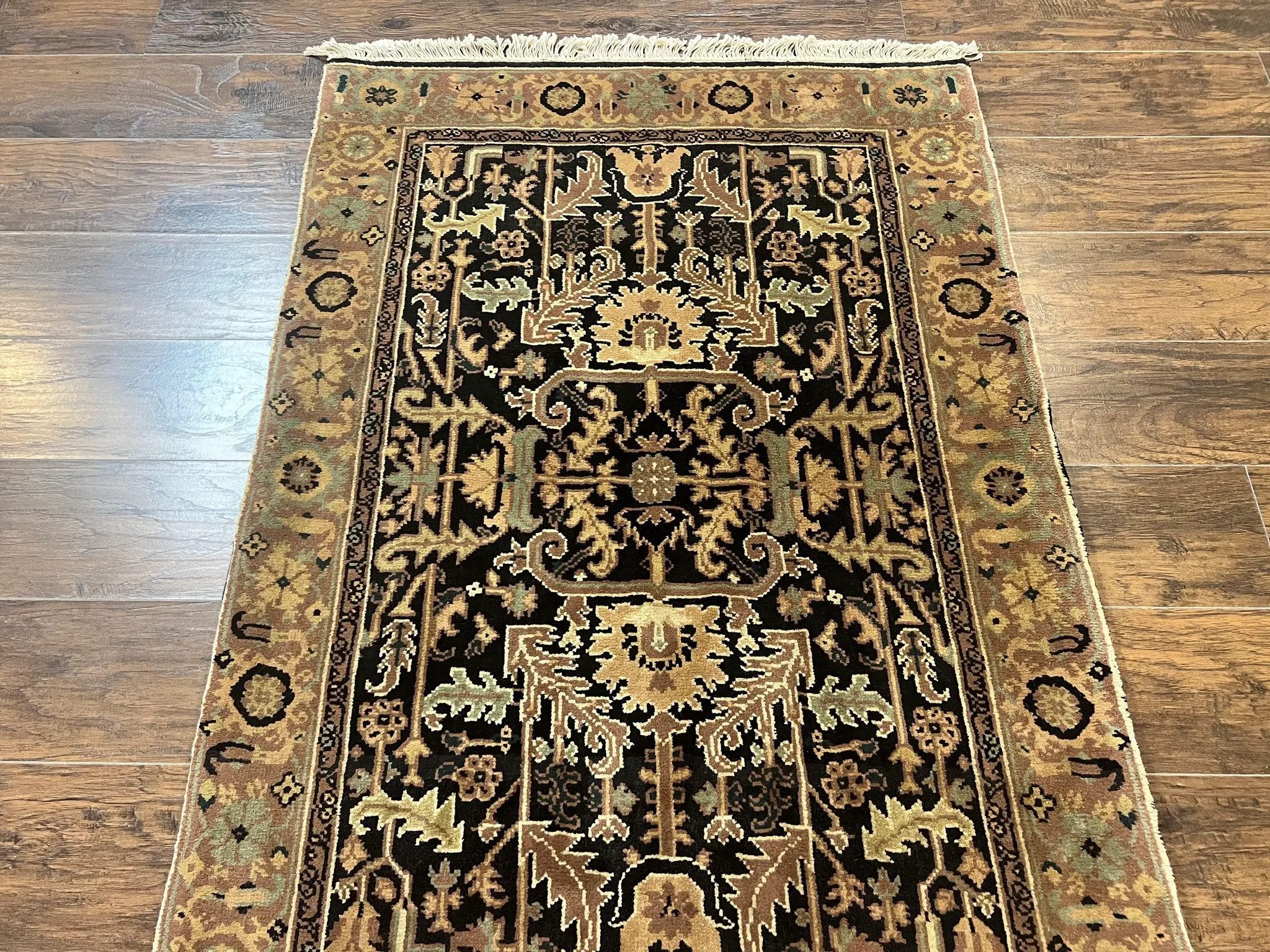 Heriz Rug 3.6 x 5, Handmade Vintage Wool Carpet, Couristan Carpet, Persian Design, Black by Jewel Rugs