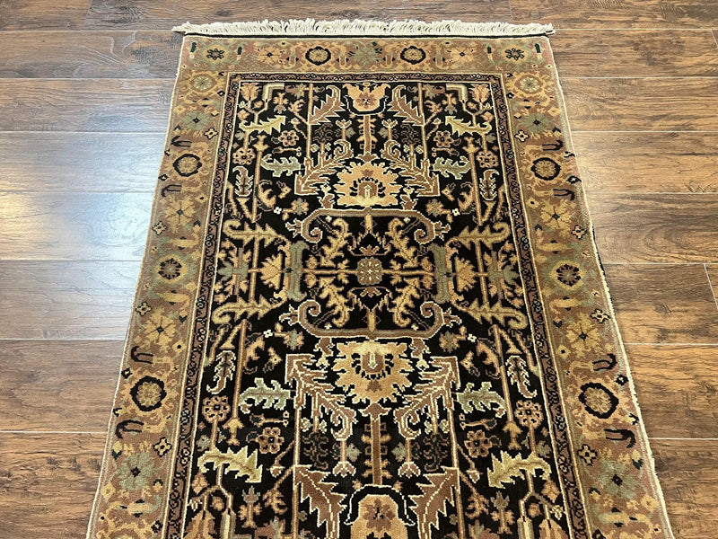 Heriz Rug 3.6 x 5, Handmade Vintage Wool Carpet, Couristan Carpet, Persian Design, Black by Jewel Rugs