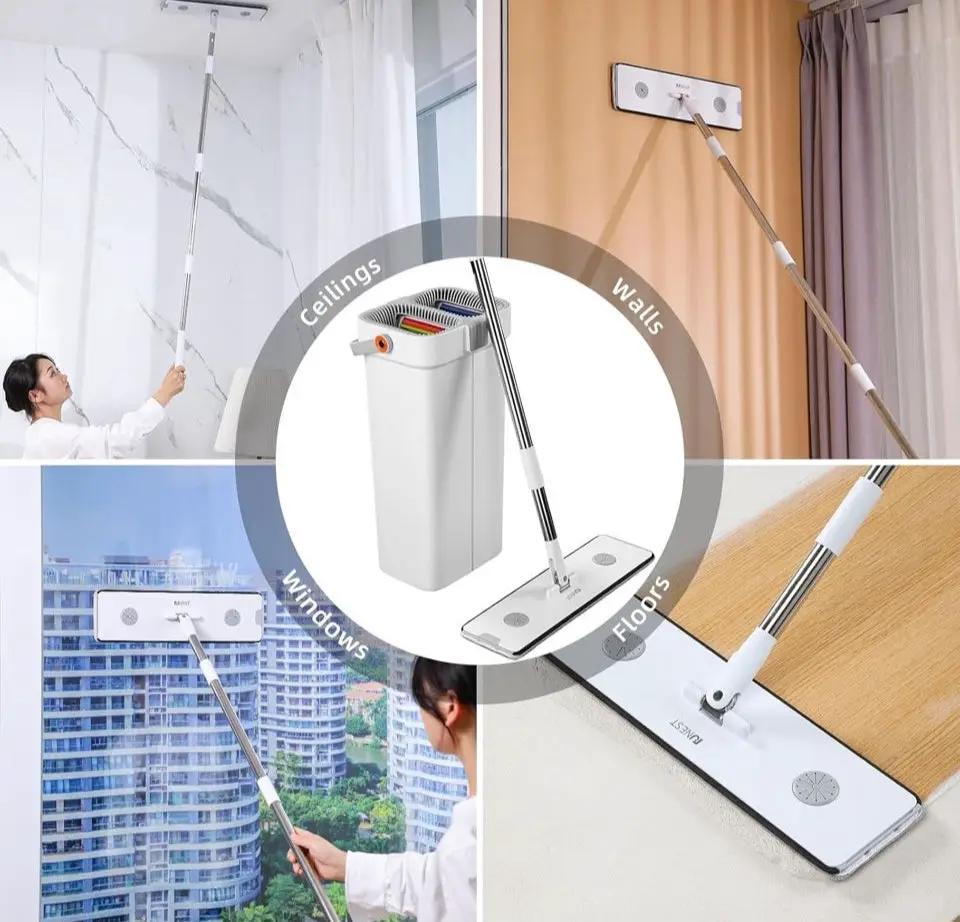 "funest Mop and Bucket with Wringer Set for Home, 16"" Large Flat Mop and Bucket System for Floor Cleaning and Wall Cleaner, Wet Dry Mop for Window Cleaner with 4 Washable Microfiber Pads" by Selzalot