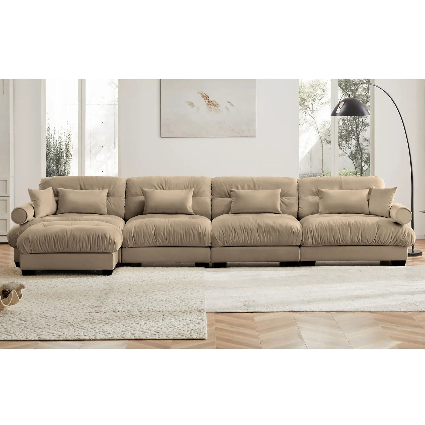 Modern Sectional Sofa With Ottoman, Round Bolster Armrests, Waist And Throw Pillows by HouseOfZazla