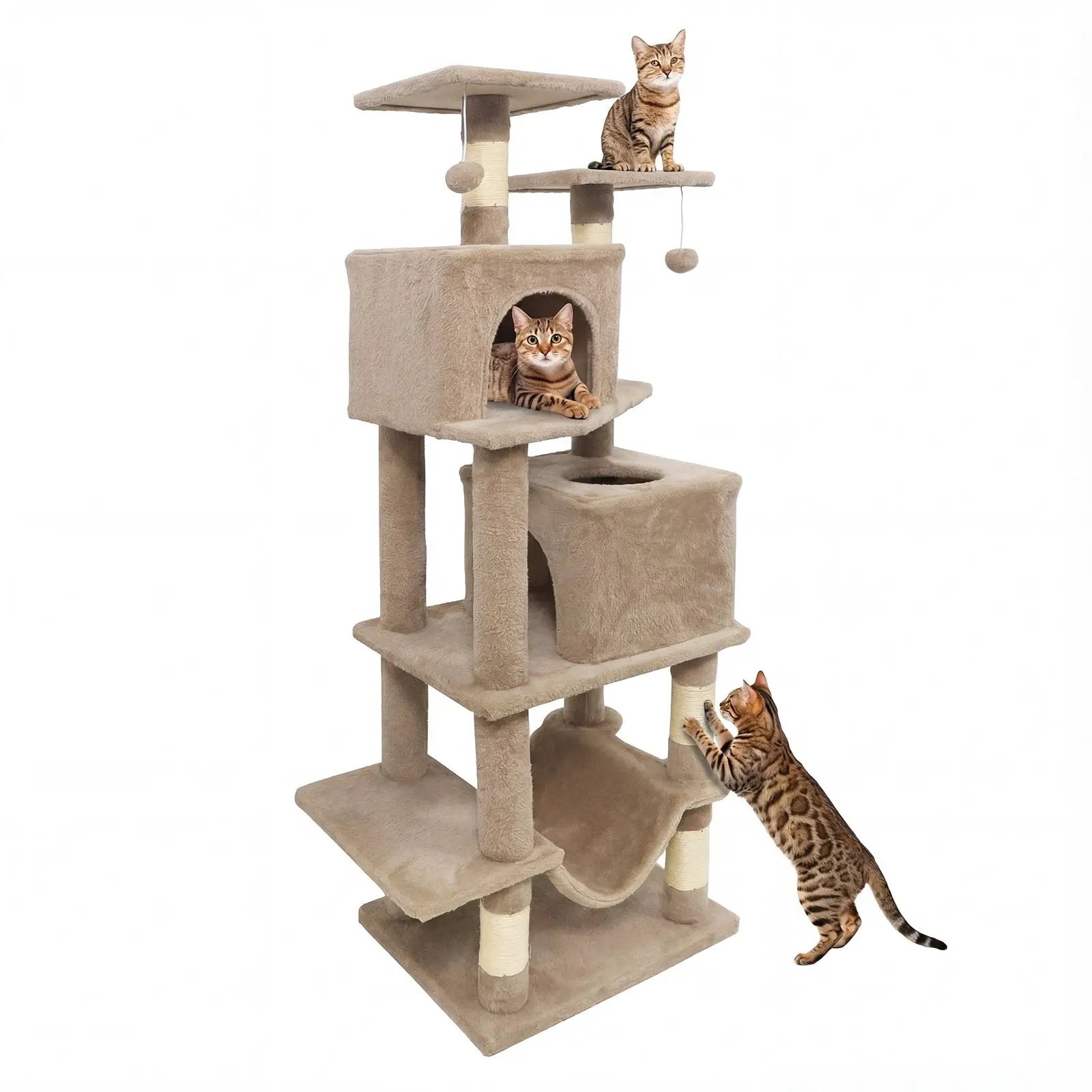 57 Inch Cat Tree with Dual Condos and Hammock and 2 Dangling Balls by DirectDeals