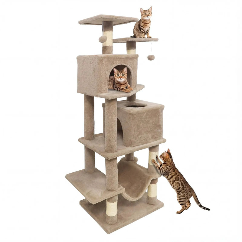 57 Inch Cat Tree with Dual Condos and Hammock and 2 Dangling Balls by DirectDeals