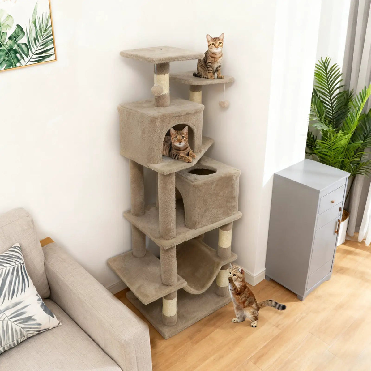 57 Inch Cat Tree with Dual Condos and Hammock and 2 Dangling Balls, photo 6 of 40