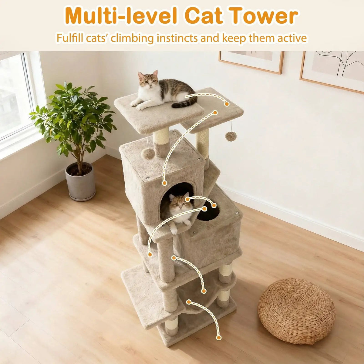 57 Inch Cat Tree with Dual Condos and Hammock and 2 Dangling Balls, photo 9 of 40