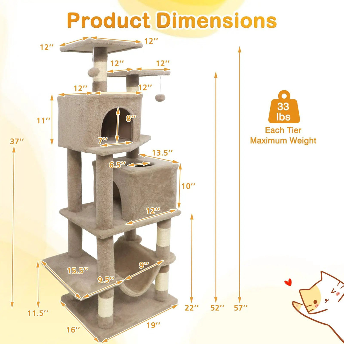57 Inch Cat Tree with Dual Condos and Hammock and 2 Dangling Balls, photo 8 of 40