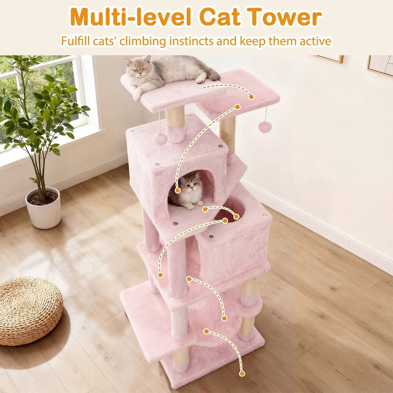 57 Inch Cat Tree with Dual Condos and Hammock and 2 Dangling Balls by DirectDeals
