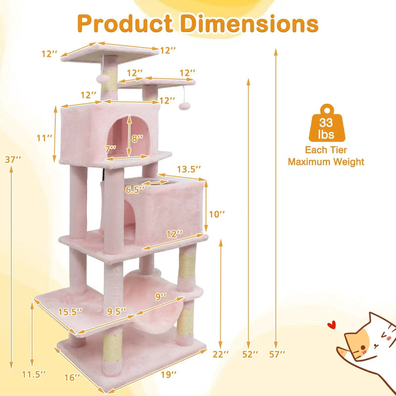 57 Inch Cat Tree with Dual Condos and Hammock and 2 Dangling Balls by DirectDeals