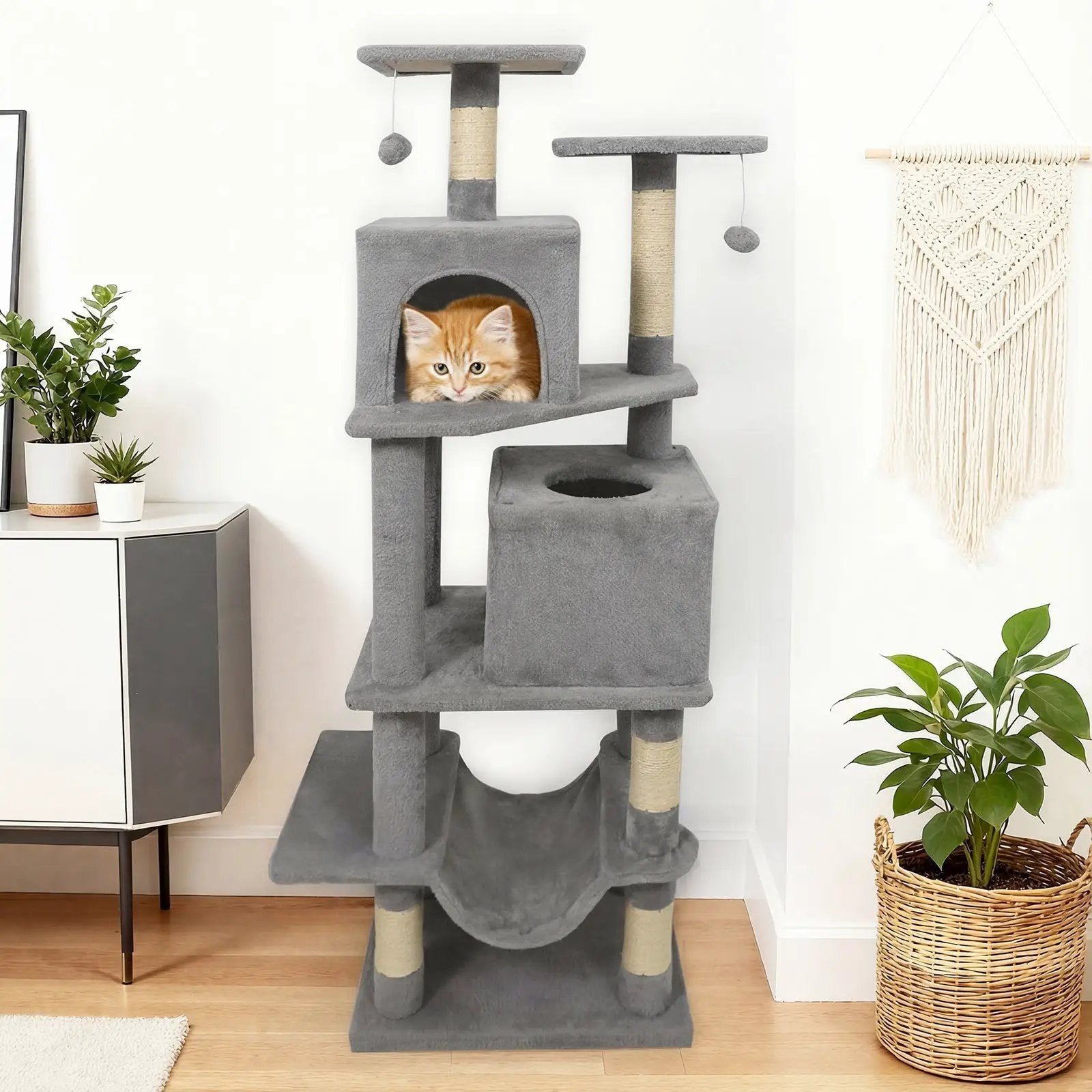 57 Inch Cat Tree with Dual Condos and Hammock and 2 Dangling Balls by DirectDeals