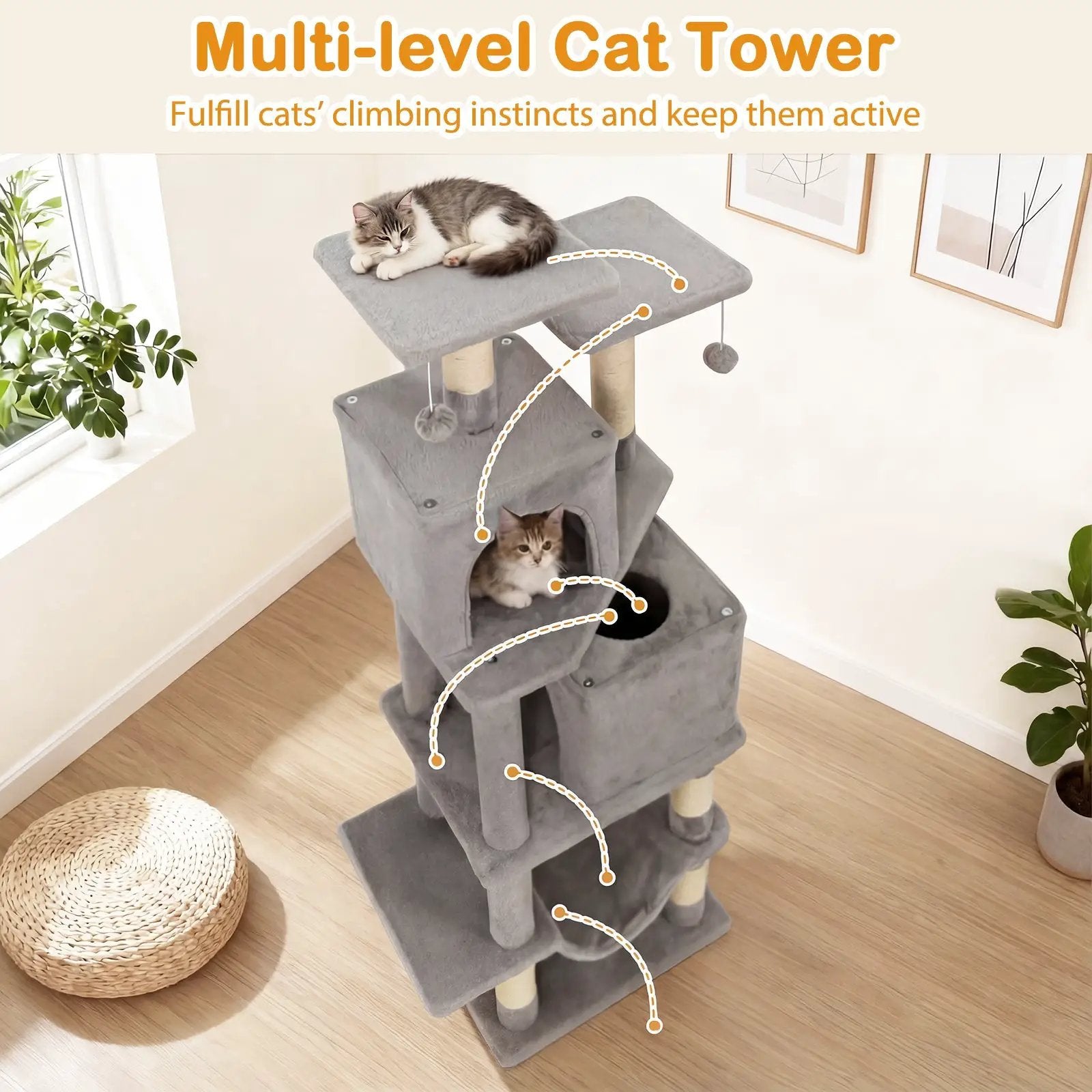 57 Inch Cat Tree with Dual Condos and Hammock and 2 Dangling Balls by DirectDeals