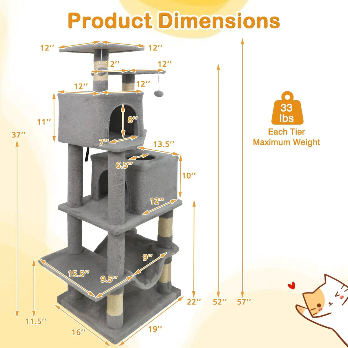 57 Inch Cat Tree with Dual Condos and Hammock and 2 Dangling Balls, photo 36 of 40