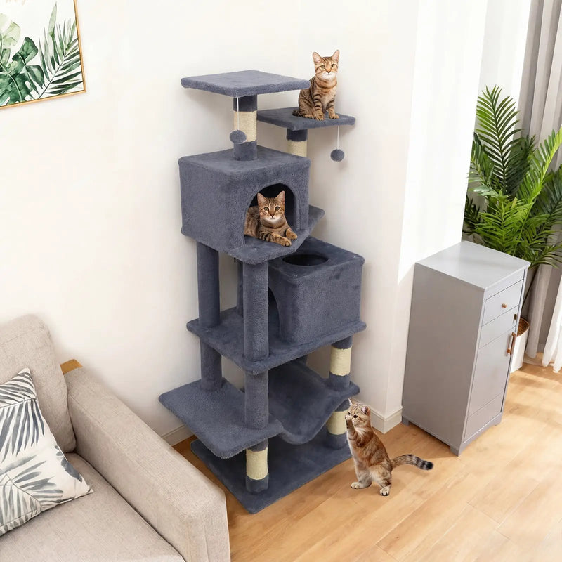 57 Inch Cat Tree with Dual Condos and Hammock and 2 Dangling Balls by DirectDeals