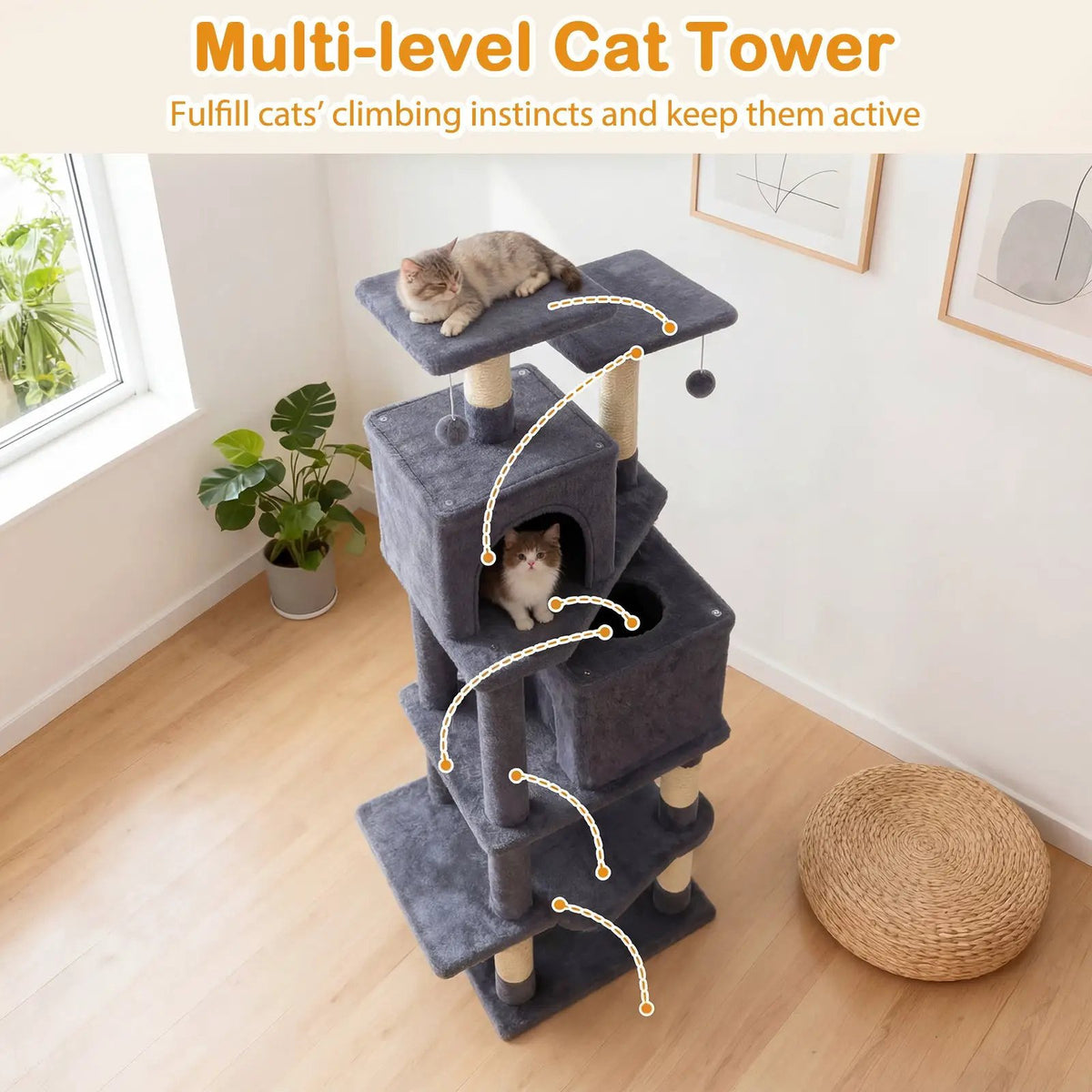 57 Inch Cat Tree with Dual Condos and Hammock and 2 Dangling Balls, photo 30 of 40