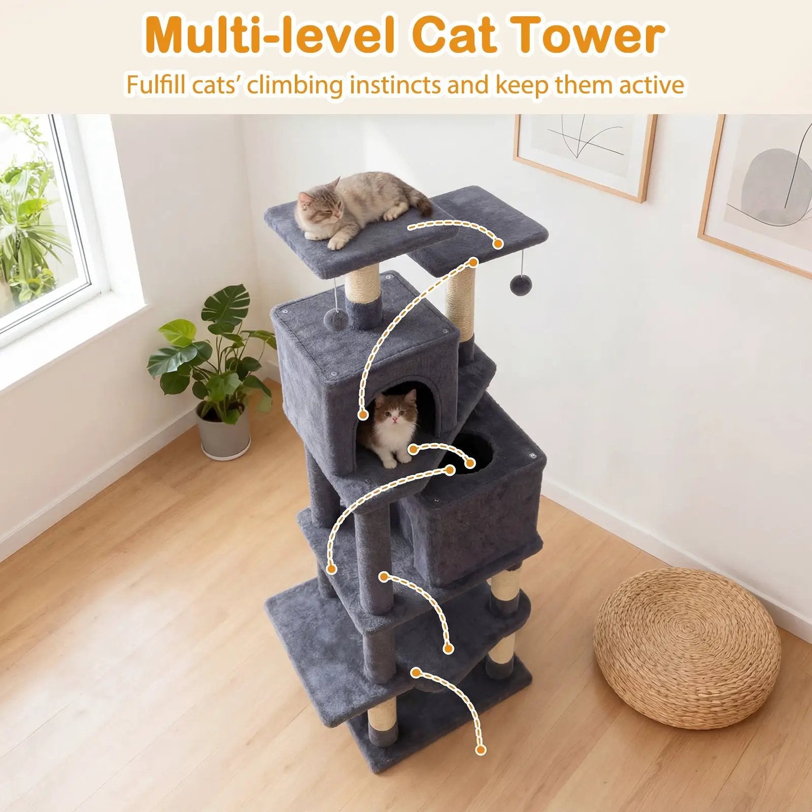 57 Inch Cat Tree with Dual Condos and Hammock and 2 Dangling Balls by DirectDeals