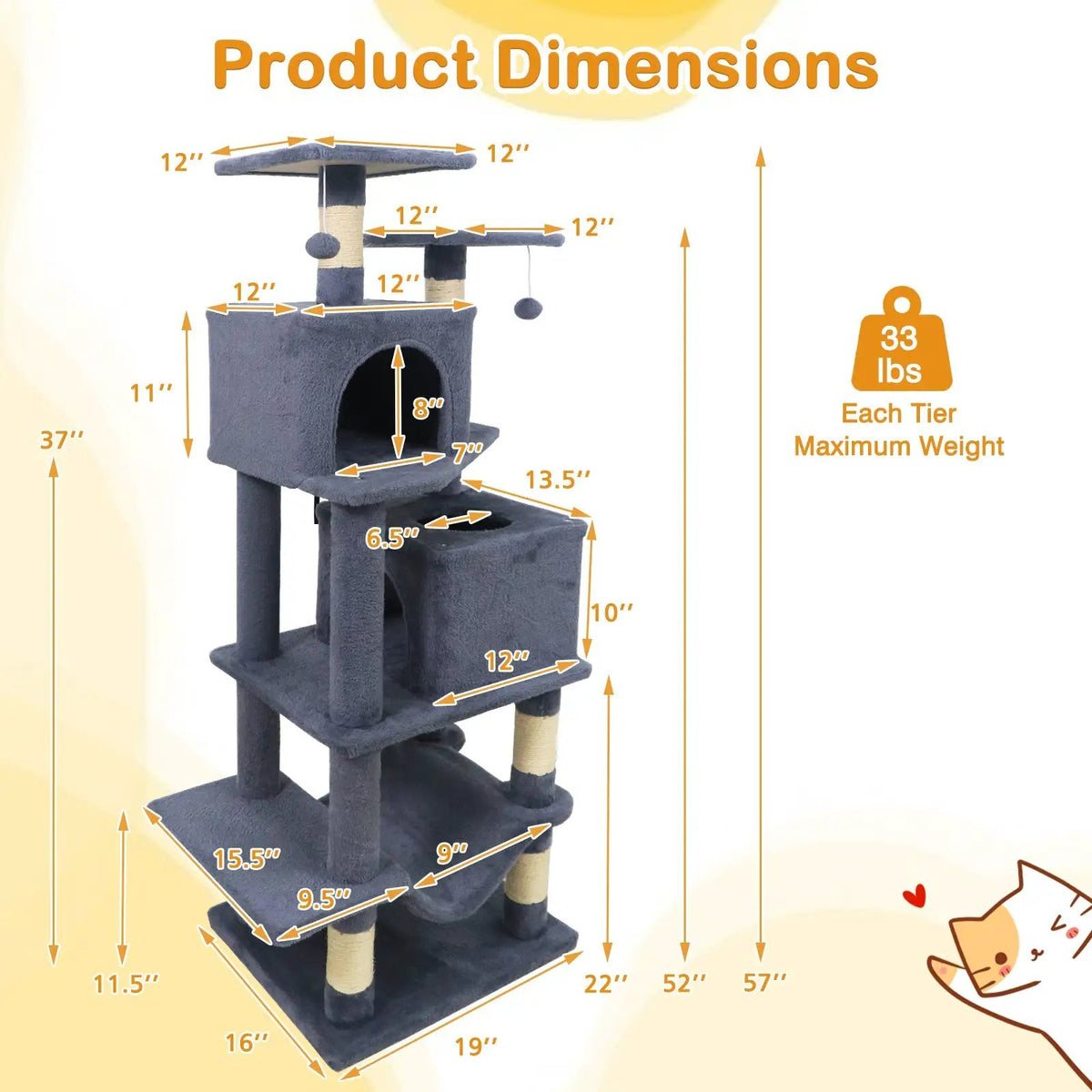 57 Inch Cat Tree with Dual Condos and Hammock and 2 Dangling Balls, photo 29 of 40