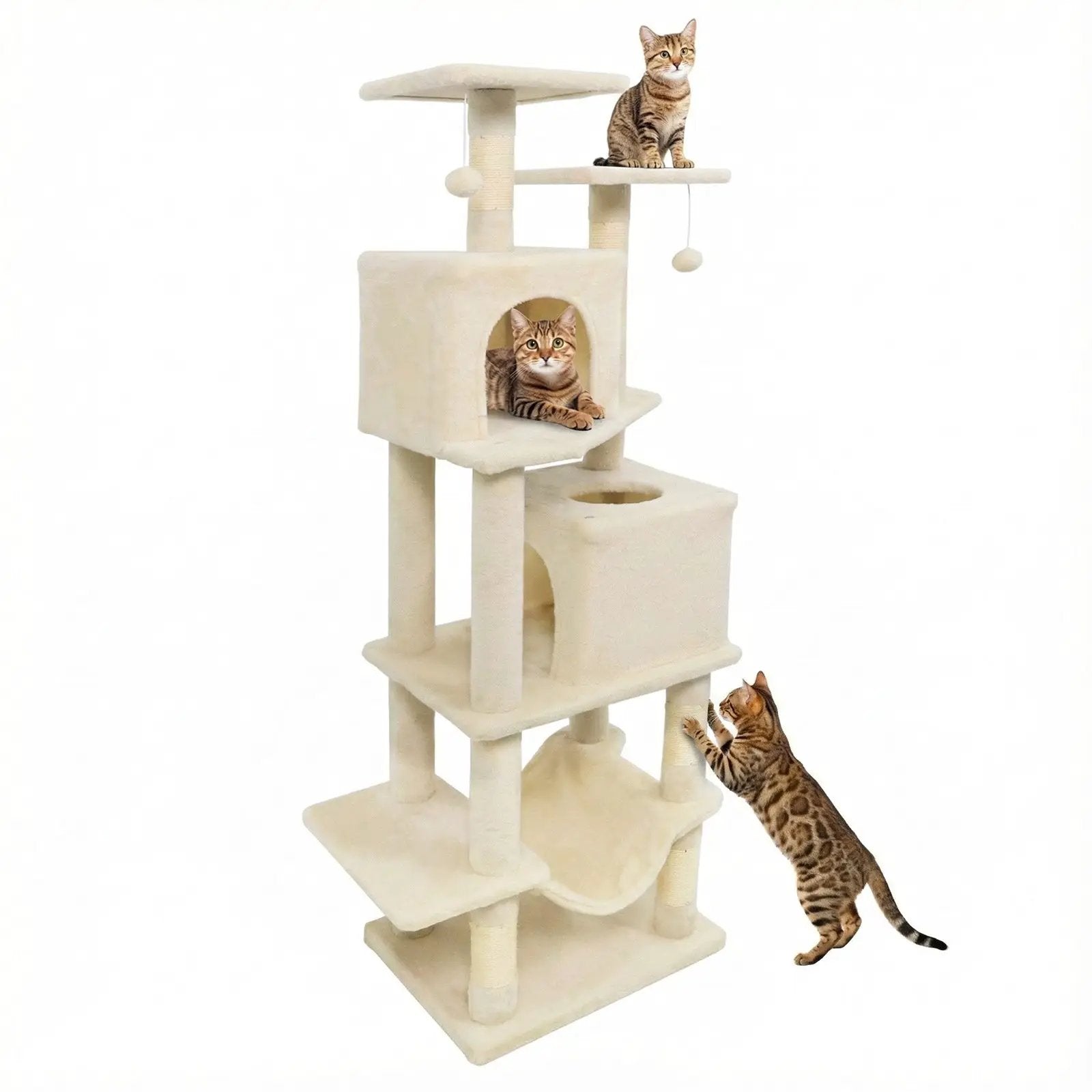 57 Inch Cat Tree with Dual Condos and Hammock and 2 Dangling Balls by DirectDeals