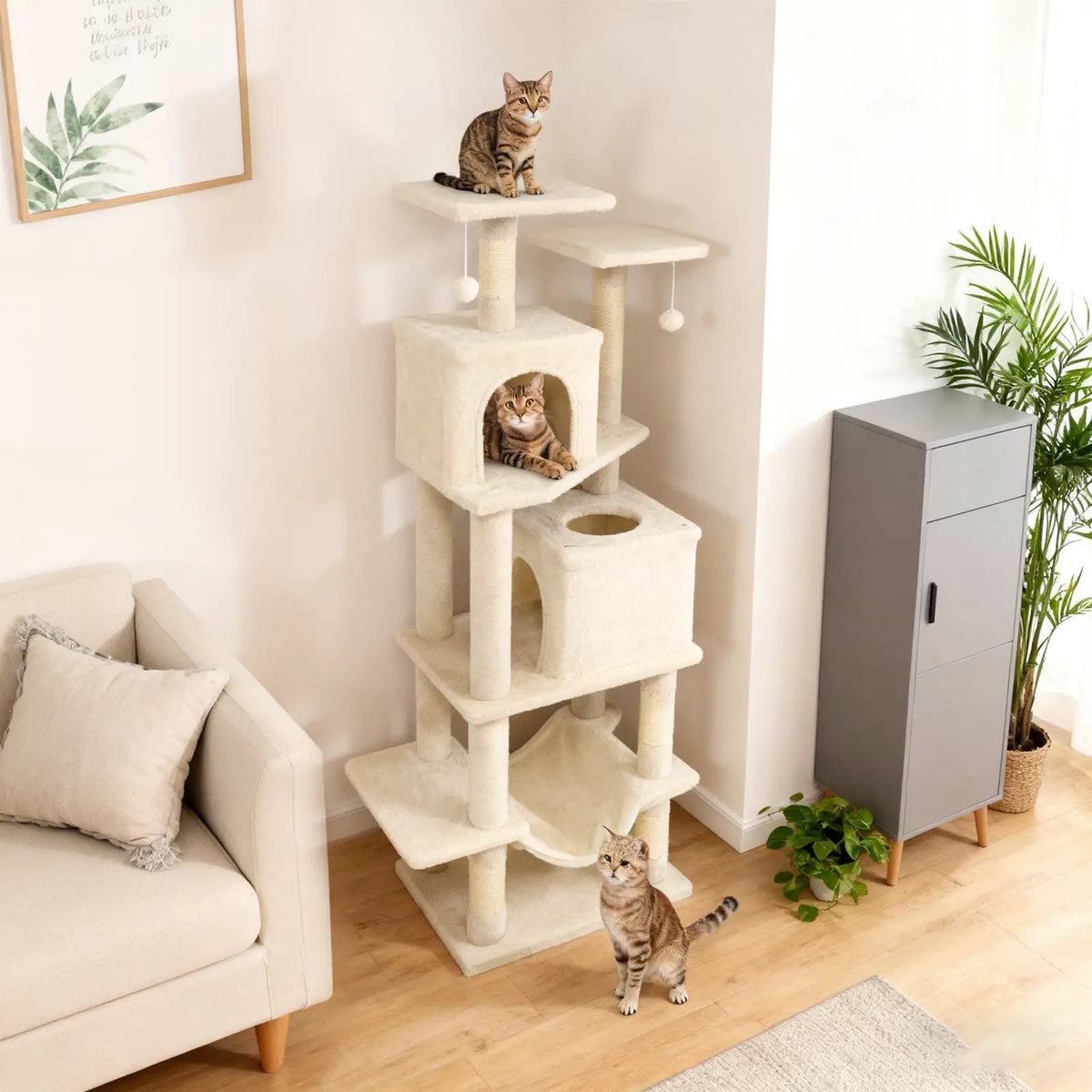 57 Inch Cat Tree with Dual Condos and Hammock and 2 Dangling Balls, photo 20 of 40