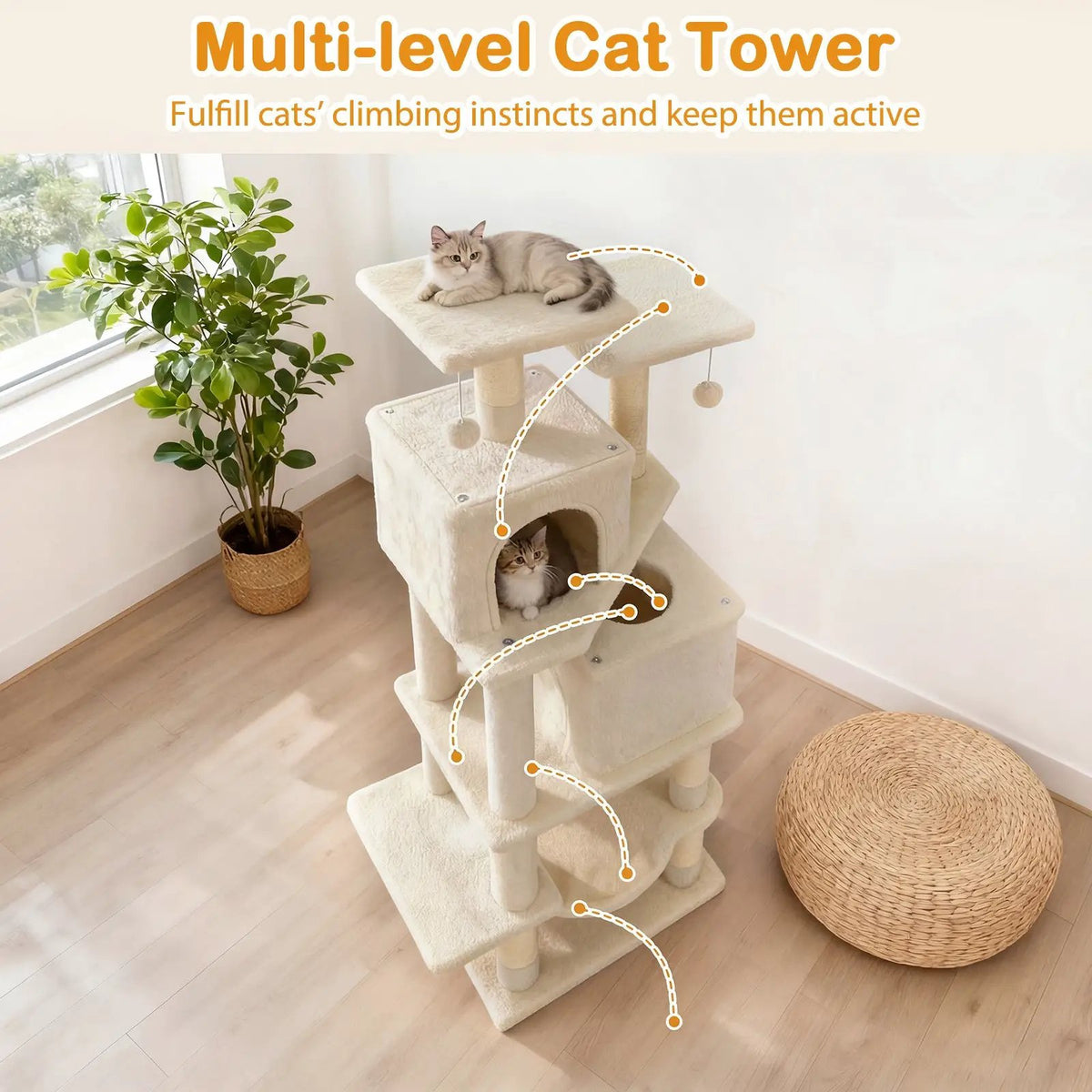 57 Inch Cat Tree with Dual Condos and Hammock and 2 Dangling Balls, photo 23 of 40