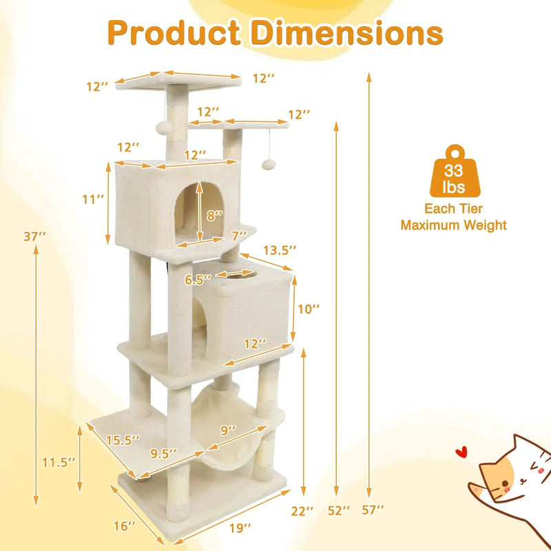 57 Inch Cat Tree with Dual Condos and Hammock and 2 Dangling Balls by DirectDeals
