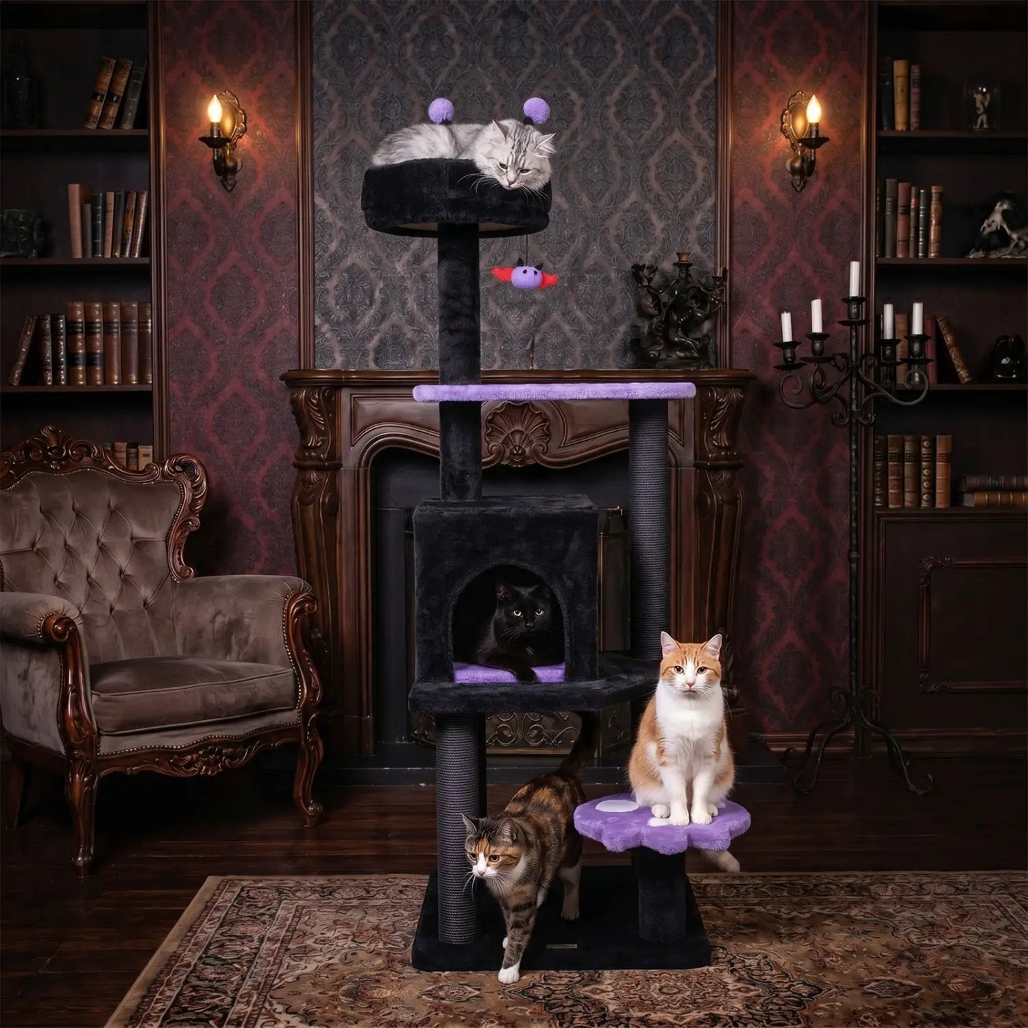 57" Gothic Cat Tower with Padded Perch and Spider Toy by DirectDeals