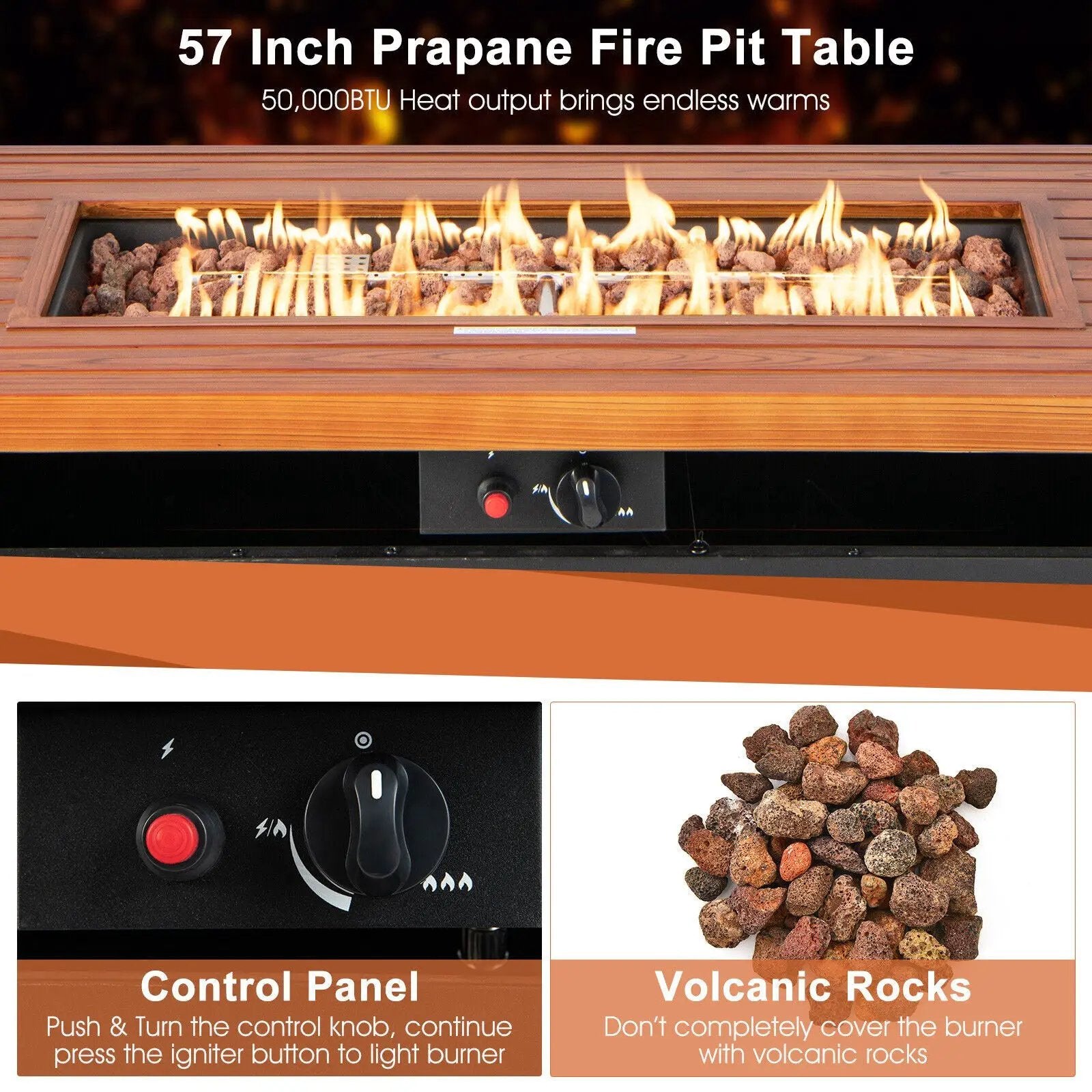 57 Inch 50 000 BTU Rectangular Propane Outdoor Fire Pit Table by DirectDeals