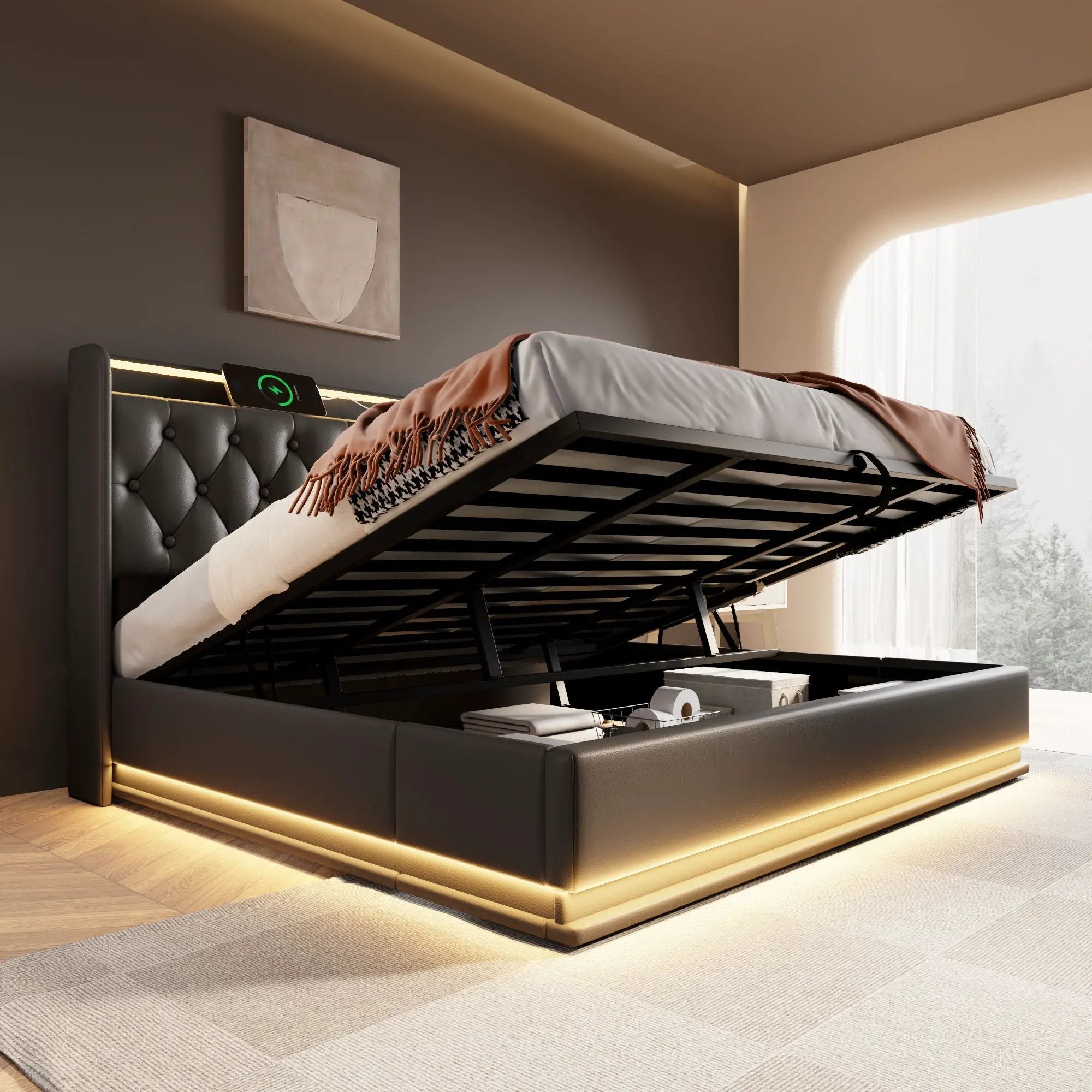 Upholstered Bed, 360 Surround LED Function, Remote Control, Hydraulic Storage Bed With USB, Type-C Charging (Without Mattress) by HouseOfZazla