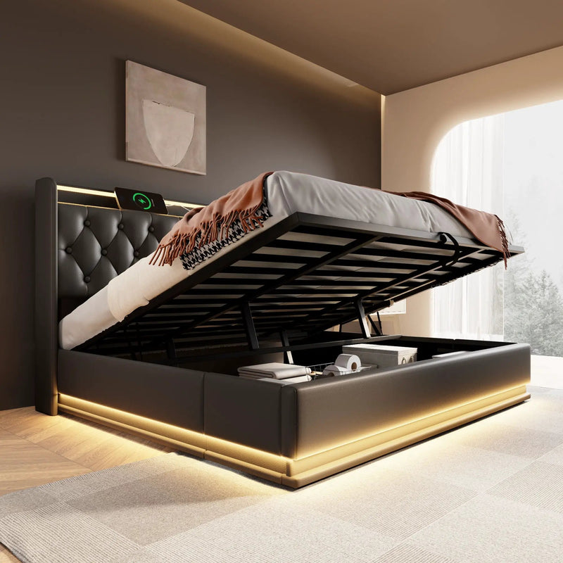 Upholstered Bed, 360 Surround LED Function, Remote Control, Hydraulic Storage Bed With USB, Type-C Charging (Without Mattress) by HouseOfZazla