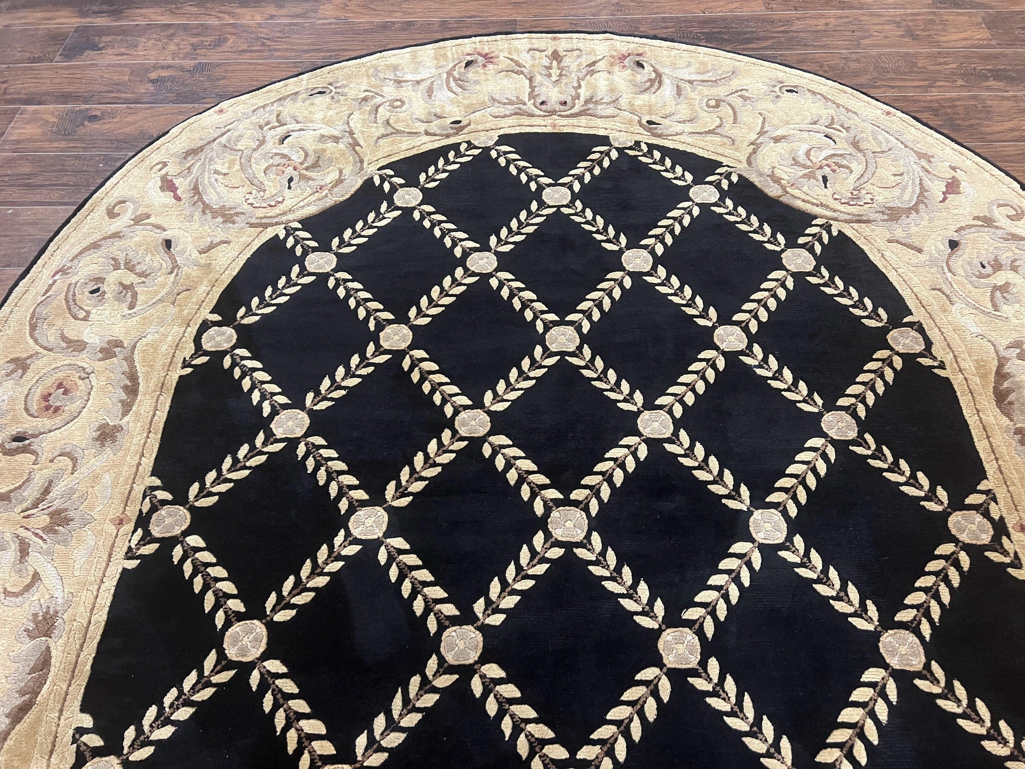 Oval Tibetan Rug 8x10, French Aubusson Design, Wool Handmade Vintage Carpet, Black & Beige, Soft Wool Pile by Jewel Rugs